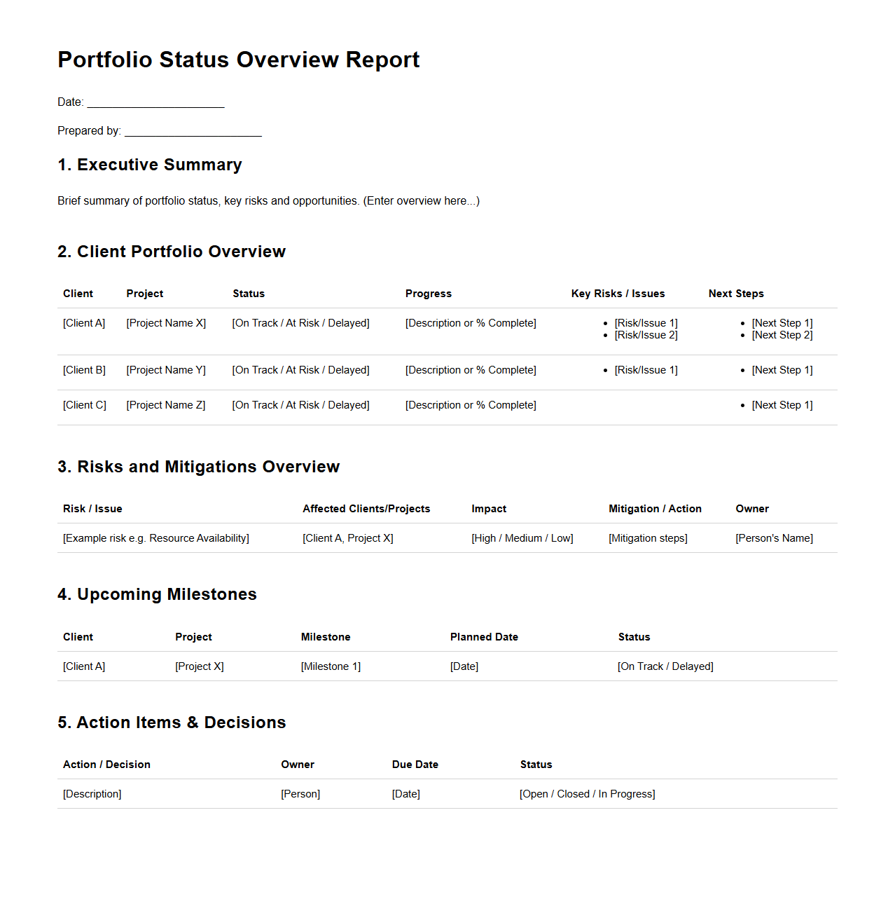 Portfolio Status Overview Report for Multiple Consulting Clients