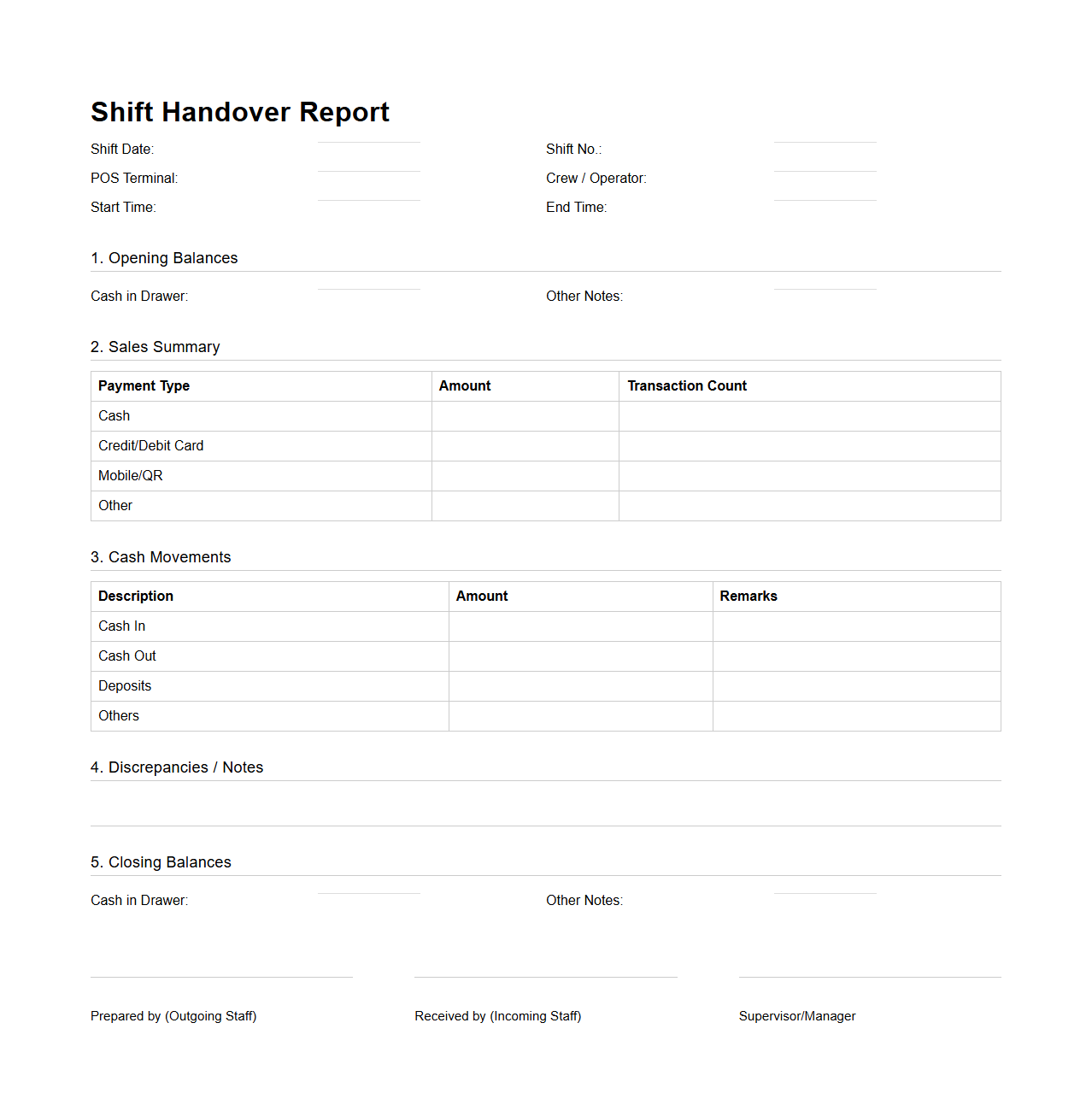 POS System Shift Handover Report