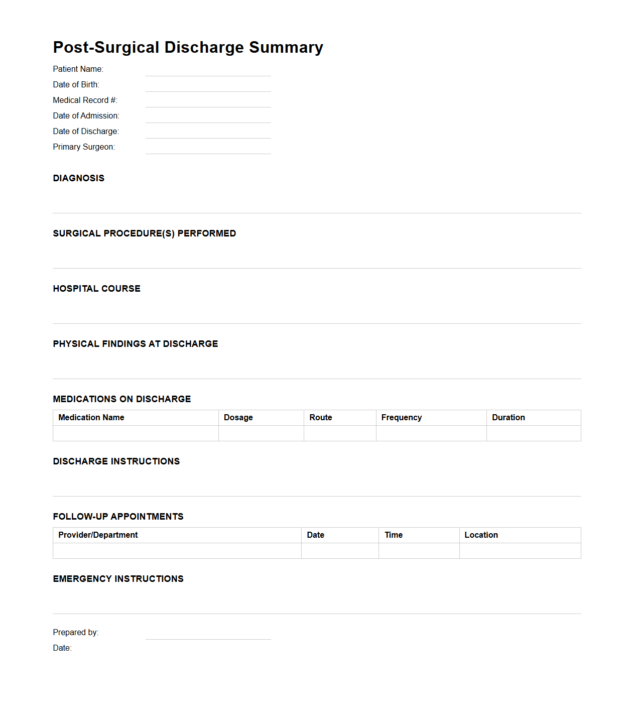 Post-Surgical Discharge Summary Template for Hospitalized Patients