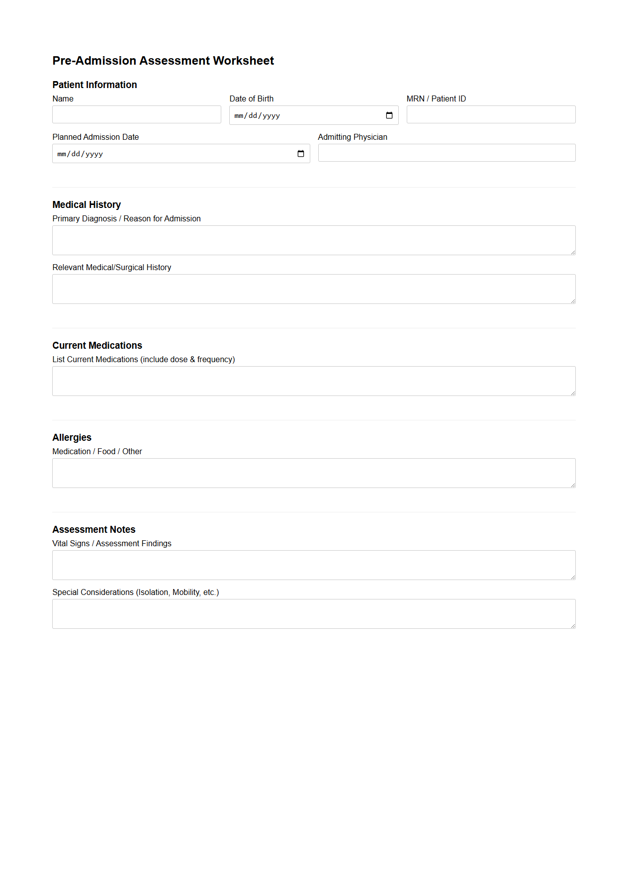 Pre-Admission Assessment Worksheet for Hospitals