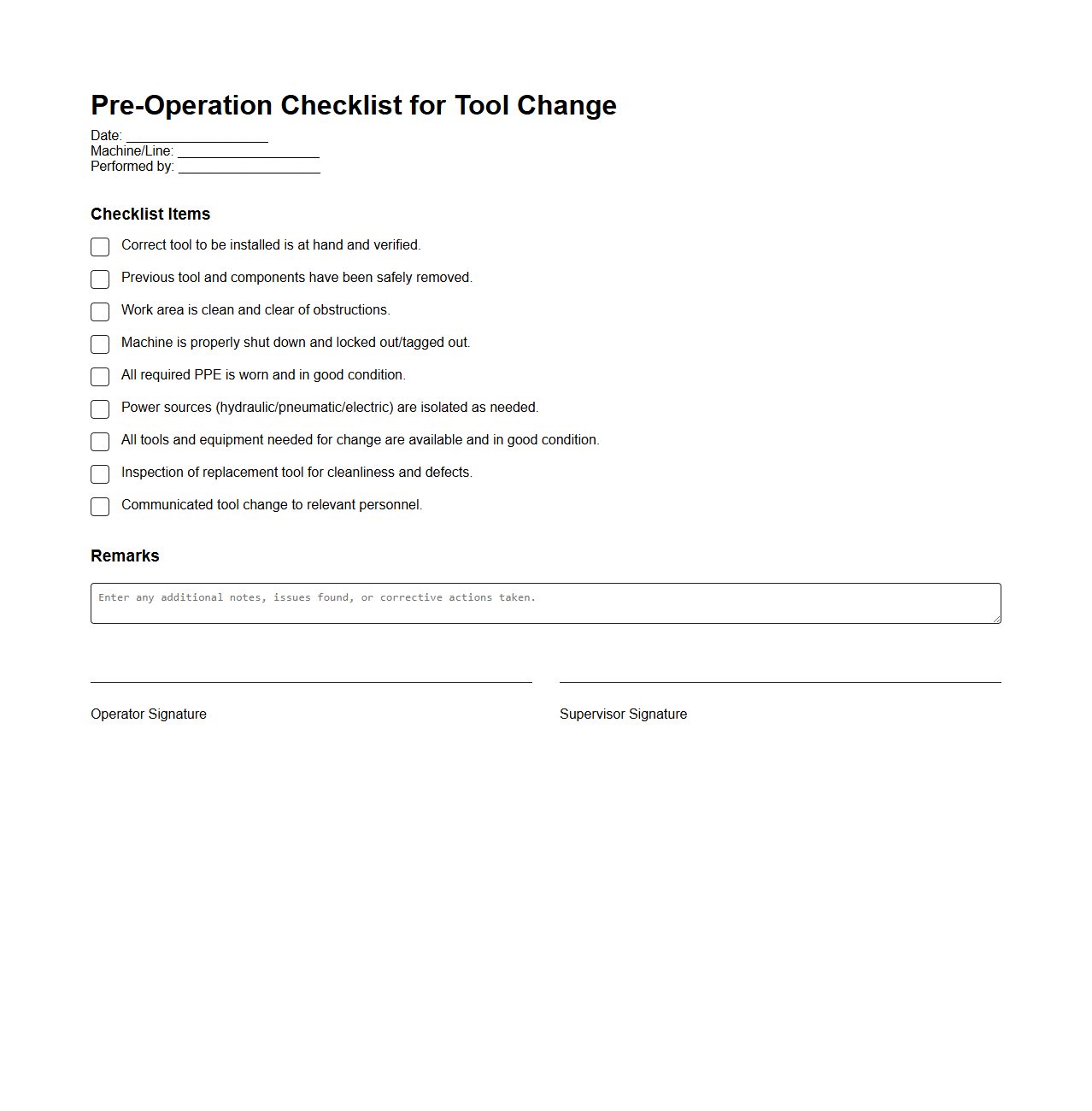 Pre-Operation Checklist for Tool Change