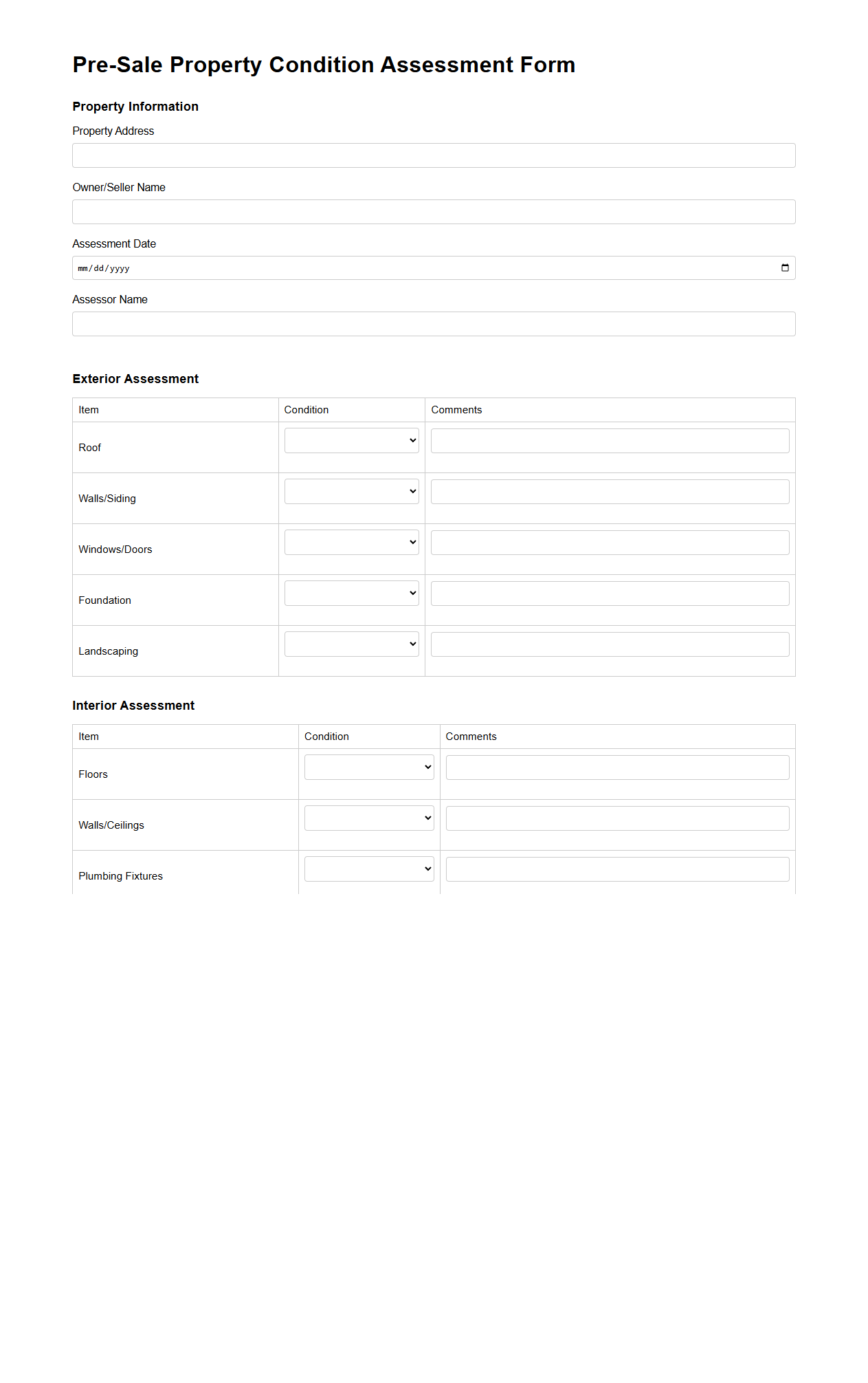 Pre-Sale Property Condition Assessment Form