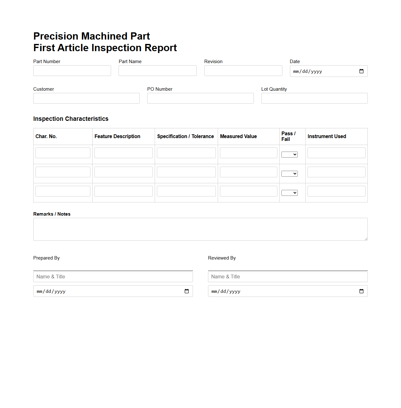Precision Machined Part First Article Inspection Example