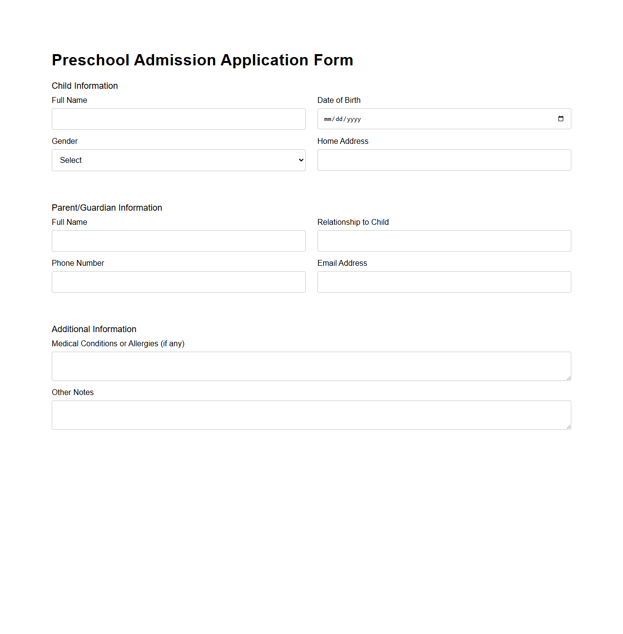 Preschool Admission Application Form Sample