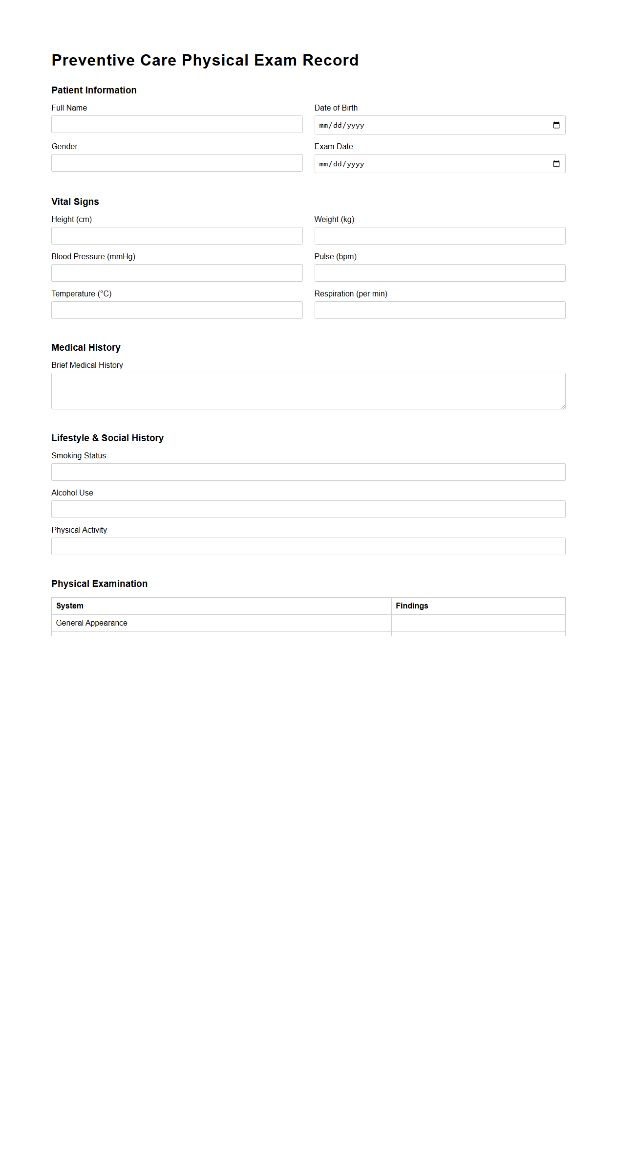 Preventive Care Physical Exam Record