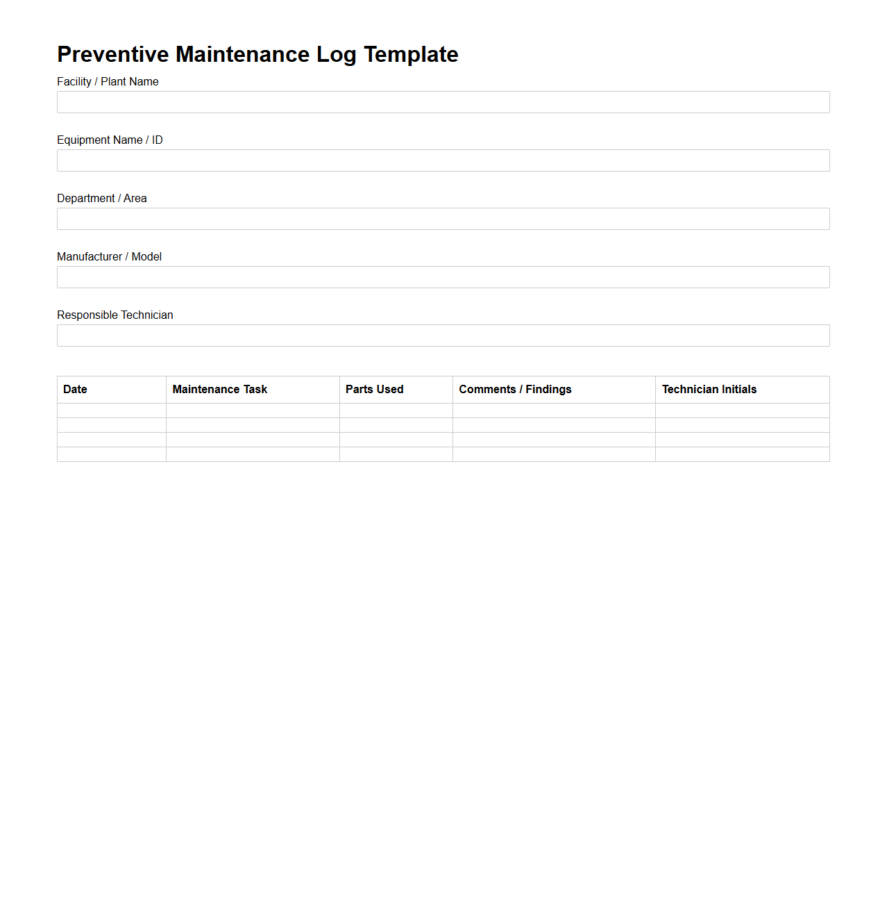 Preventive Maintenance Log Template for Industrial Equipment