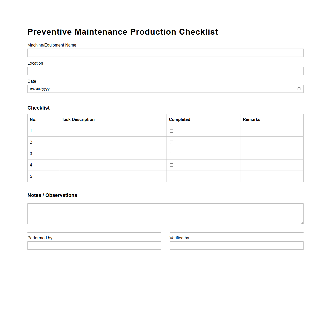 Preventive Maintenance Production Checklist