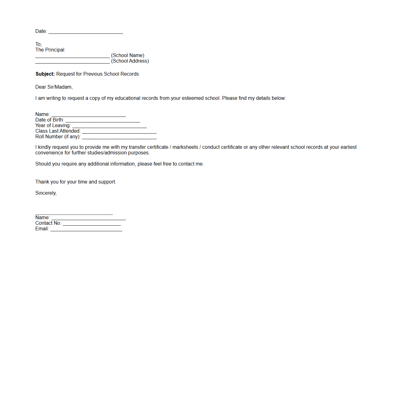 Previous School Record Request Letter