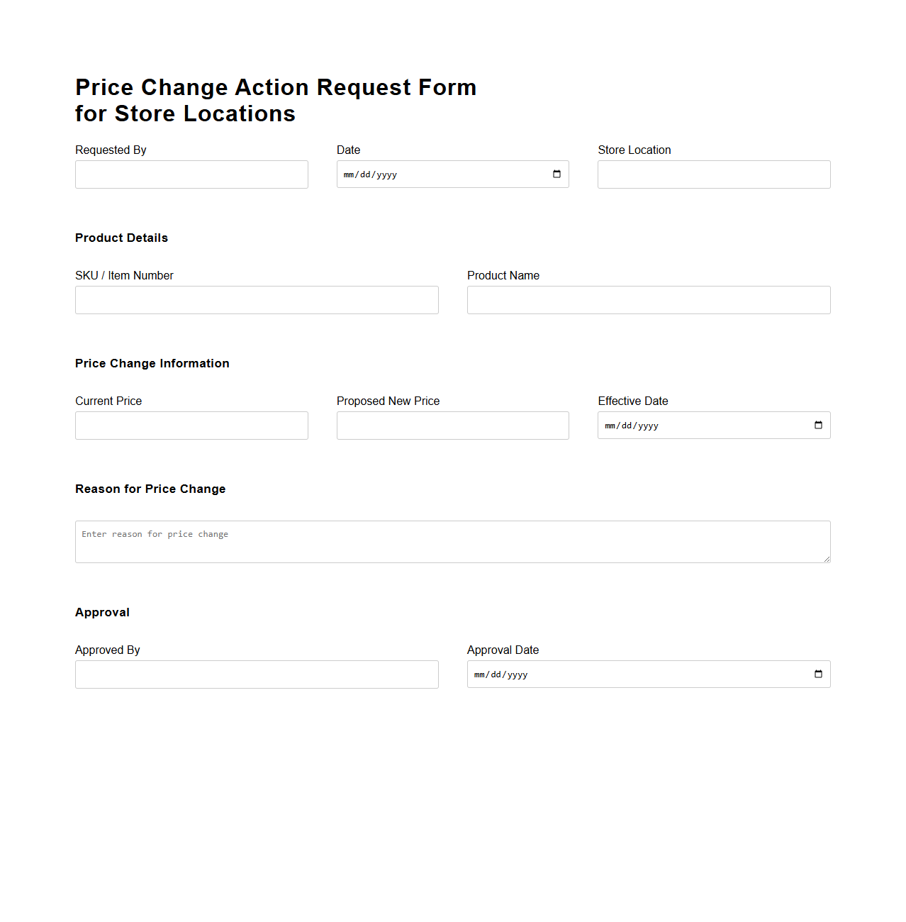 Price Change Action Request Form for Store Locations
