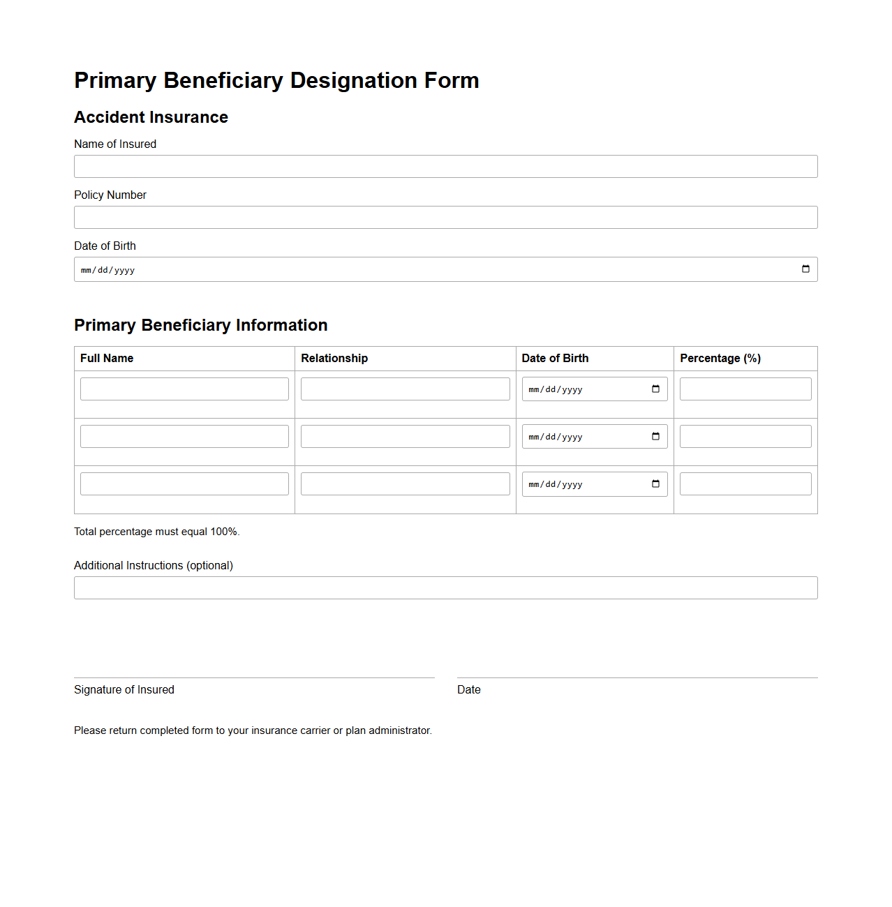 Primary Beneficiary Designation Form for Accident Insurance