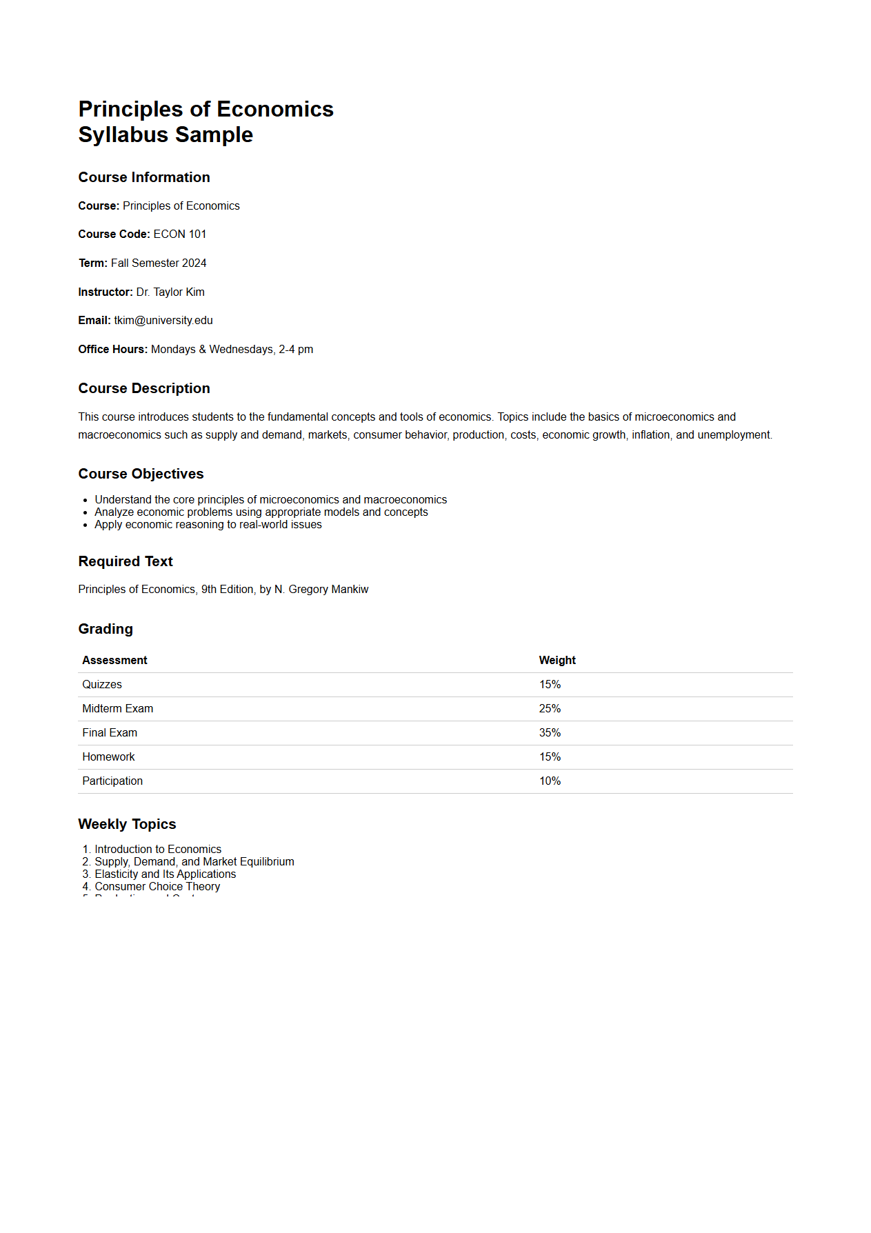 Principles of Economics Syllabus Sample