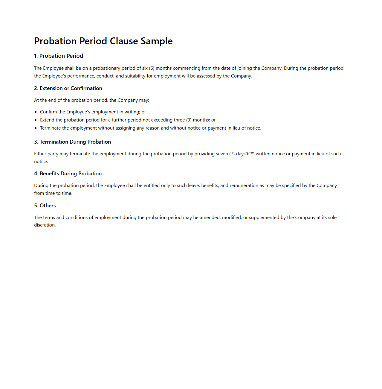 Probation Period Clause Sample Document