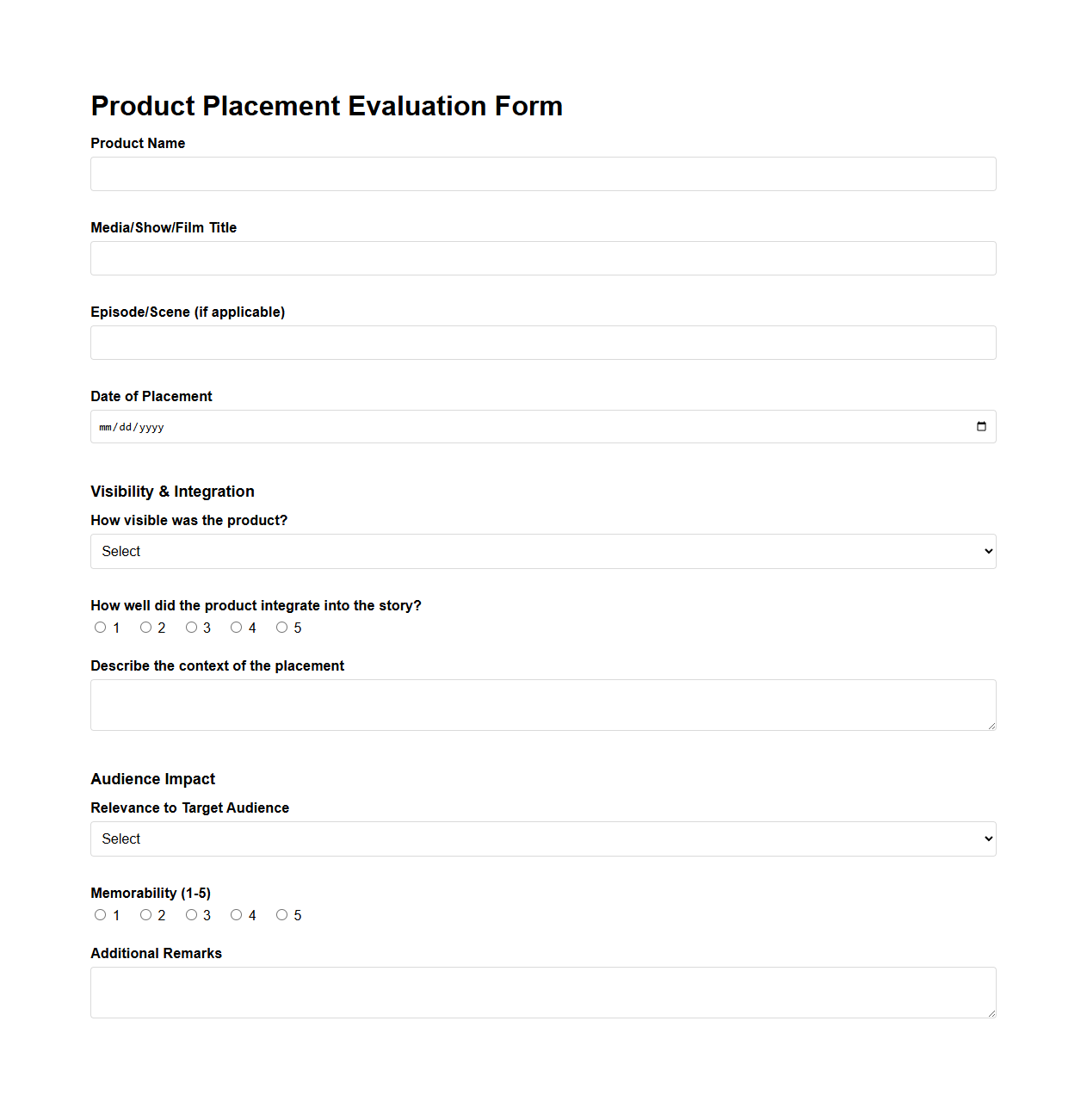 Product Placement Evaluation Form