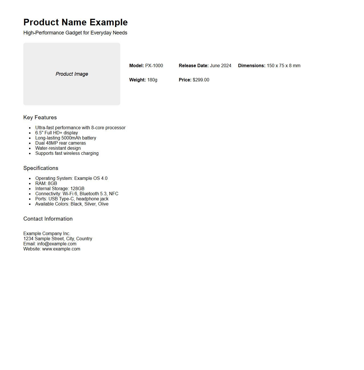 Product Showcase Fact Sheet Example
