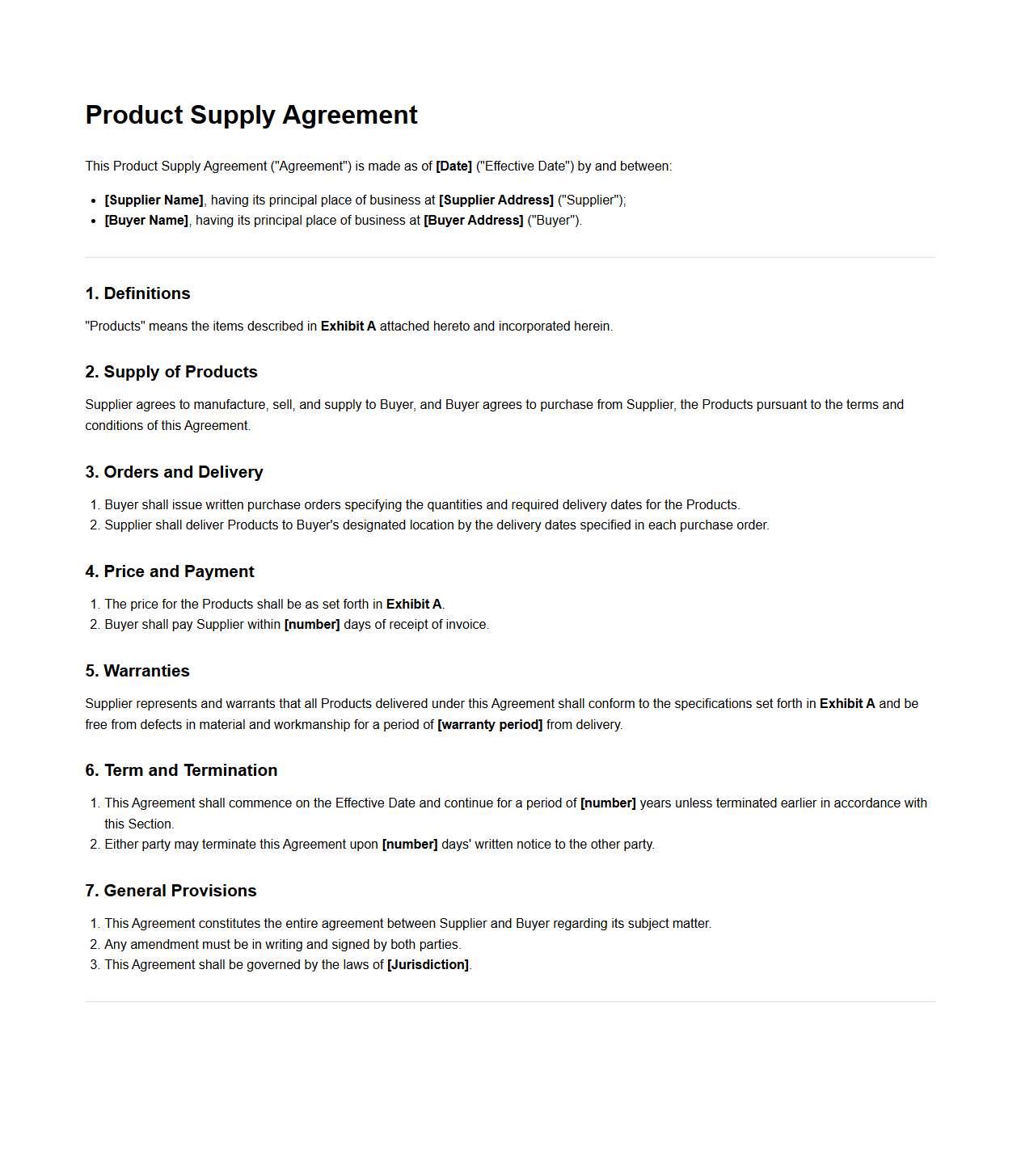 Product Supply Agreement Example