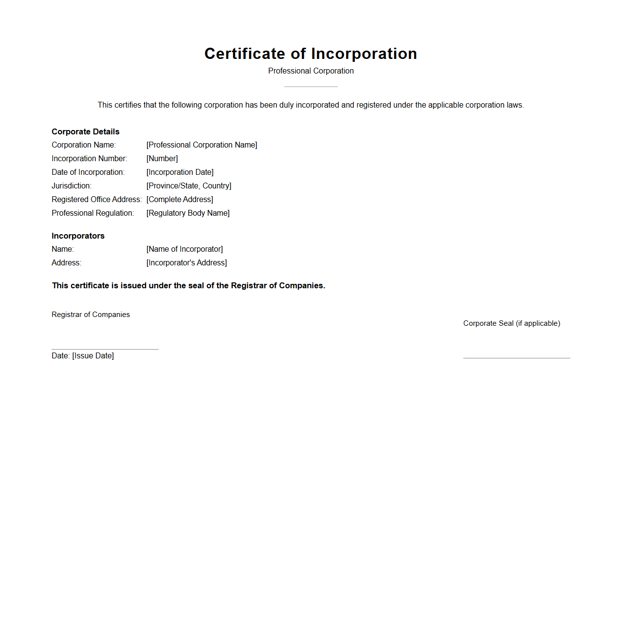 Professional Corporation Incorporation Certificate Sample