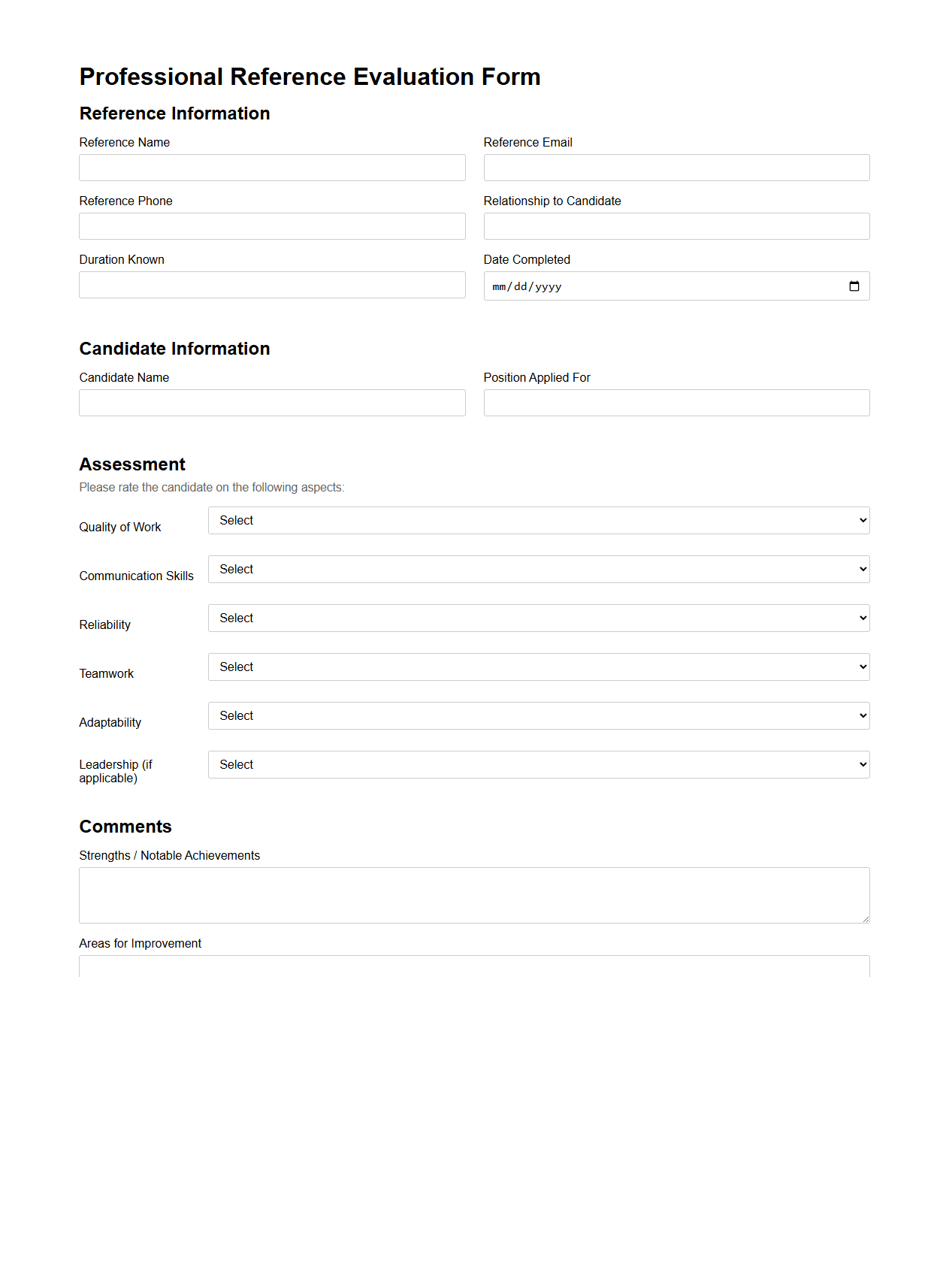 Professional Reference Evaluation Form for Candidate Assessment