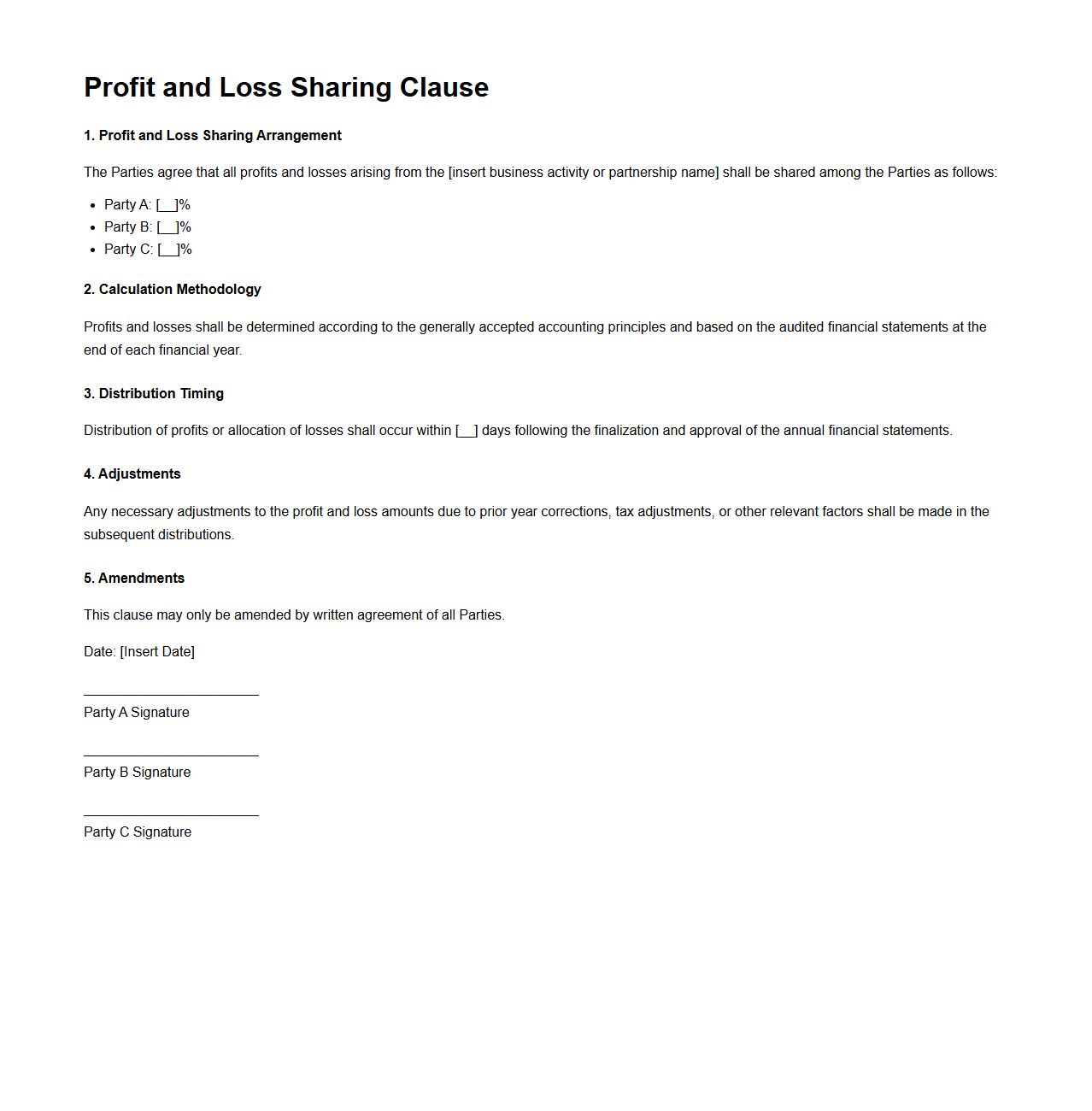 Profit and Loss Sharing Clause Sample