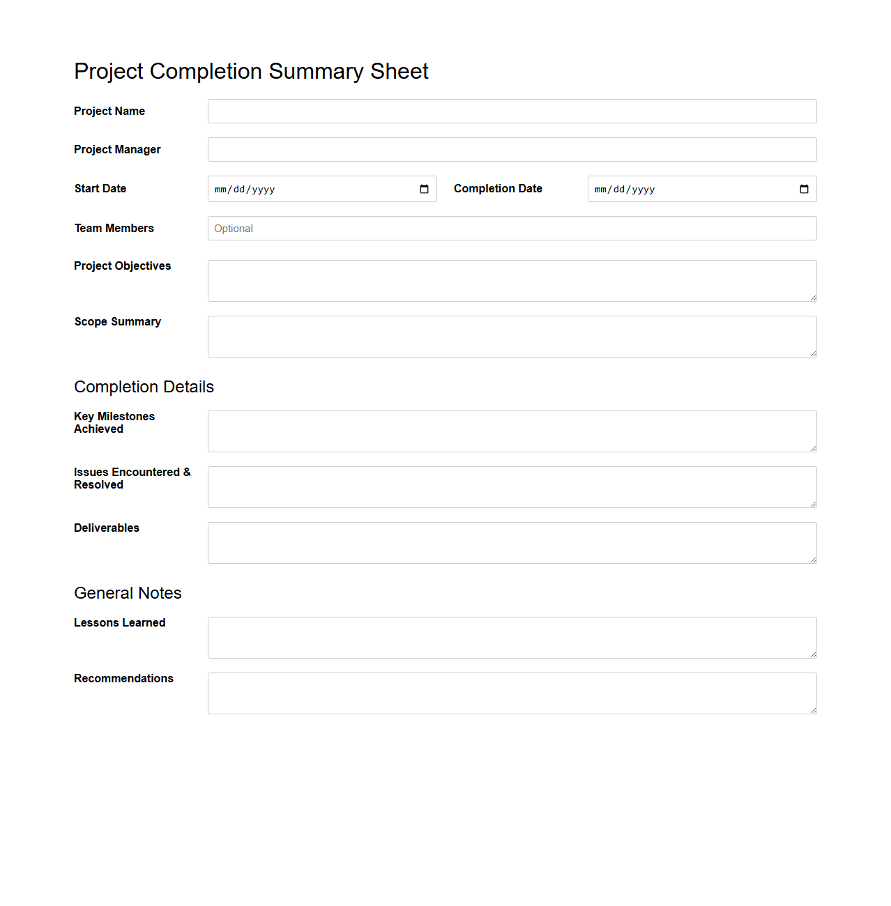 Project Completion Summary Sheet