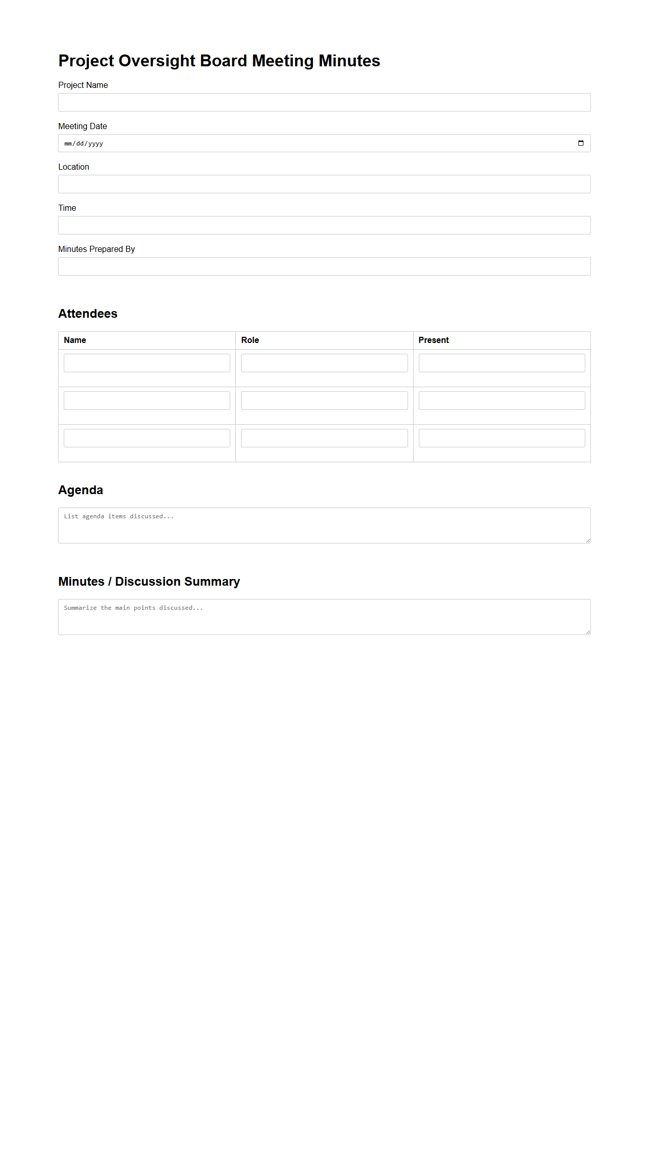 Project Oversight Board Meeting Minutes Form