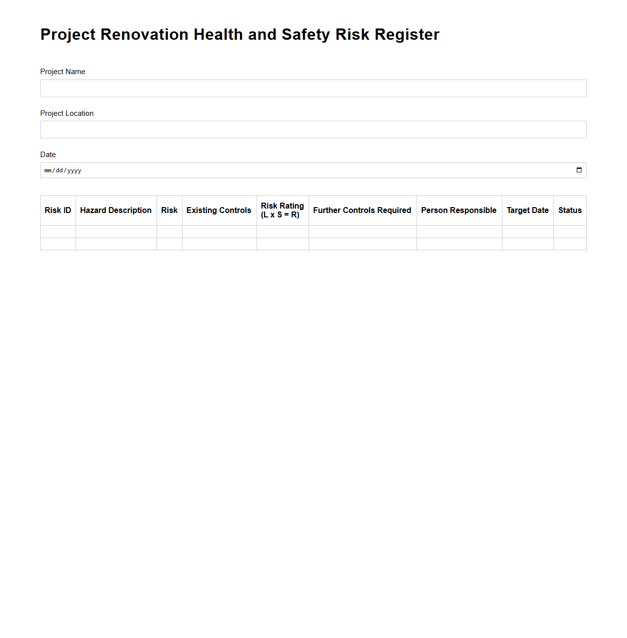 Project Renovation Health and Safety Risk Register