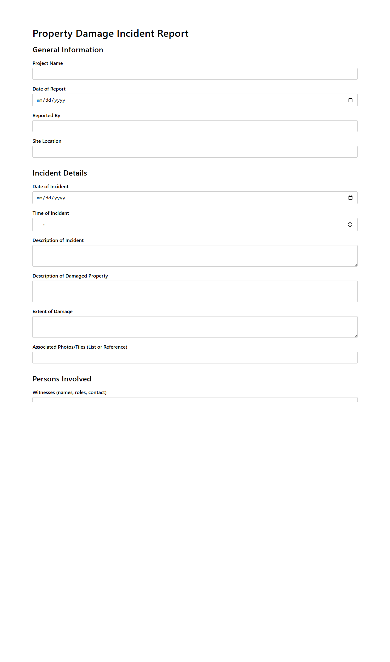 Property Damage Incident Report Template for Construction Projects