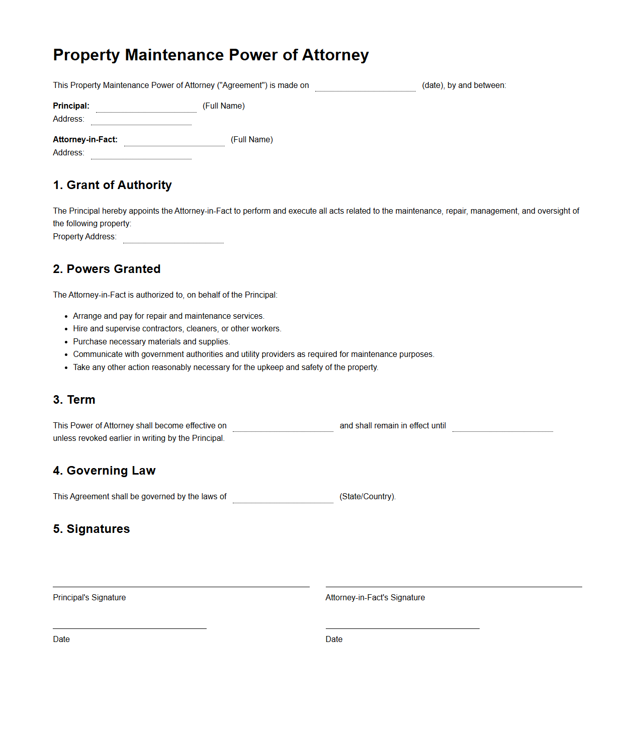 Property Maintenance Power of Attorney Template