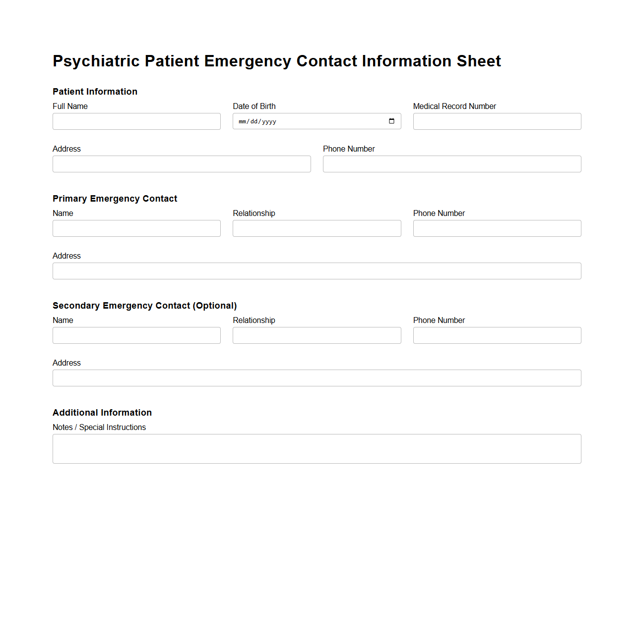 Psychiatric Patient Emergency Contact Information Sheet