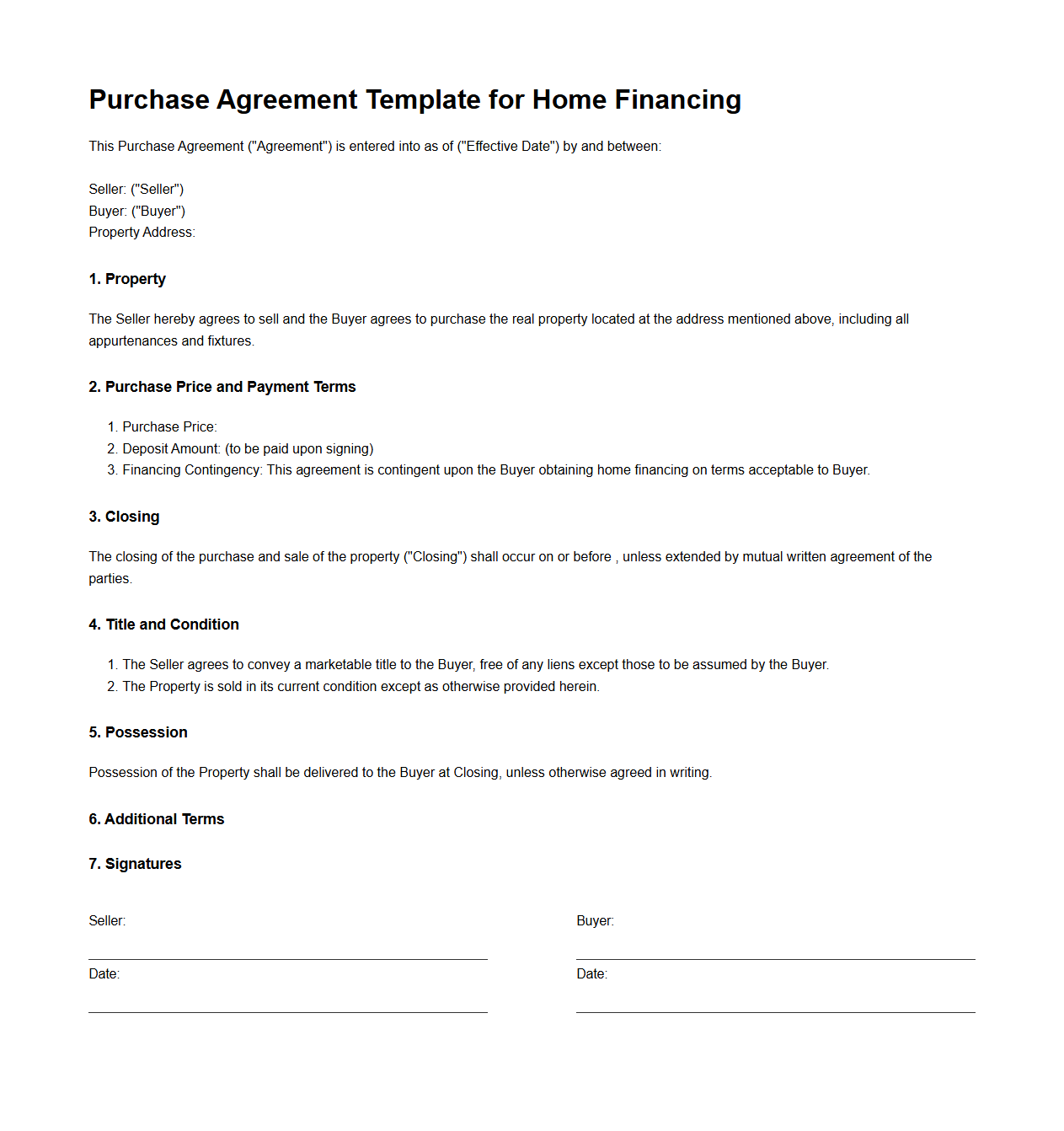 Purchase Agreement Template for Home Financing