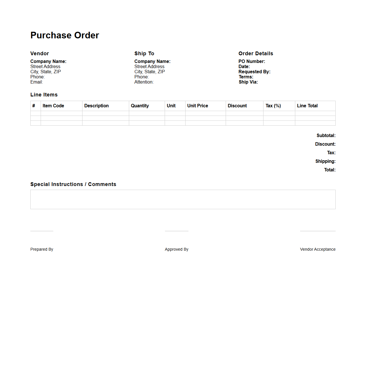 Purchase Order with Multiple Line Items for Complex Orders