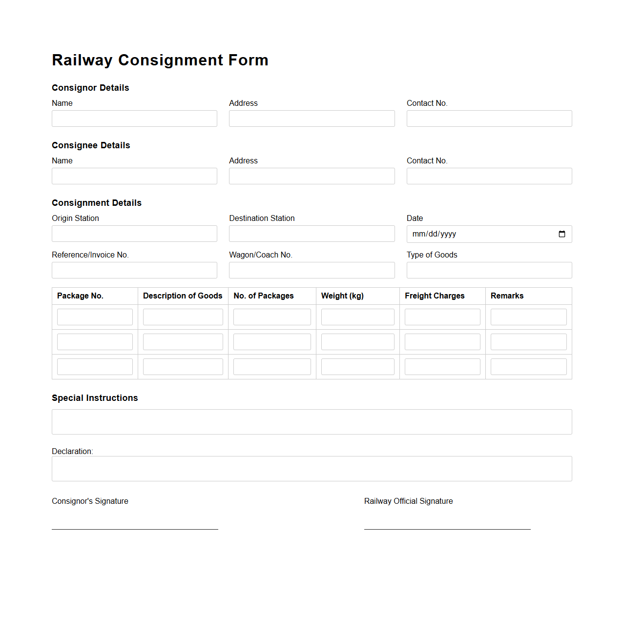 Railway Consignment Form Template