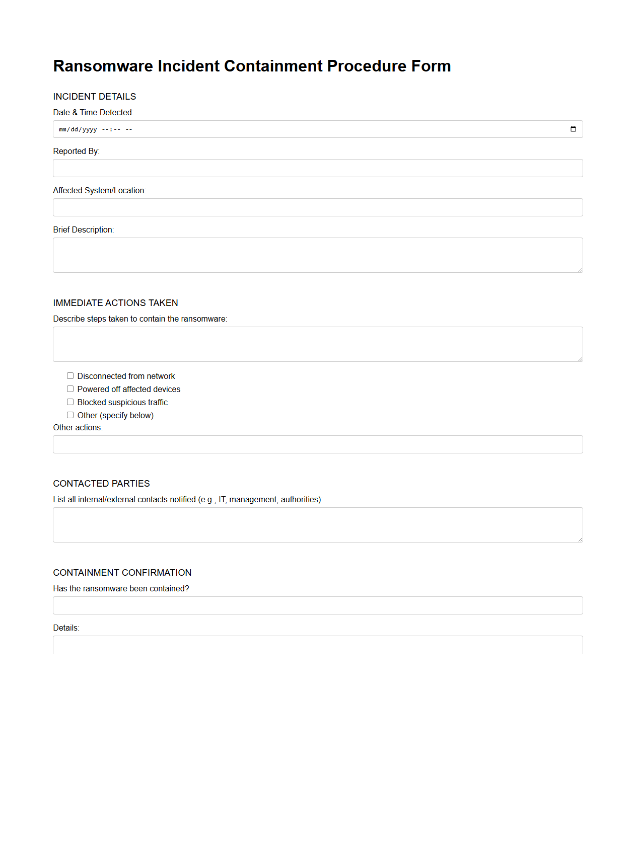 Ransomware Incident Containment Procedure Form
