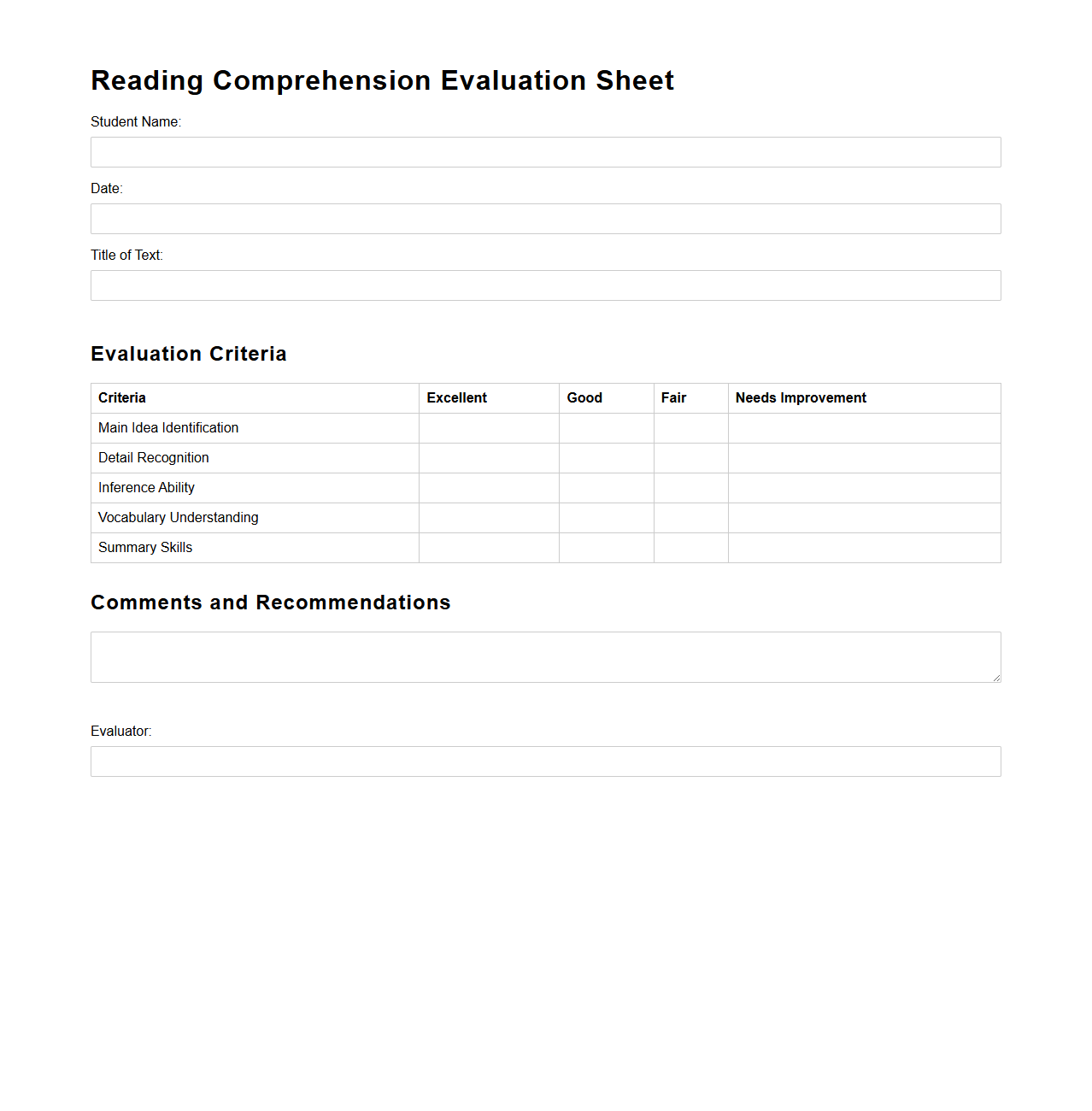 Reading Comprehension Evaluation Sheet
