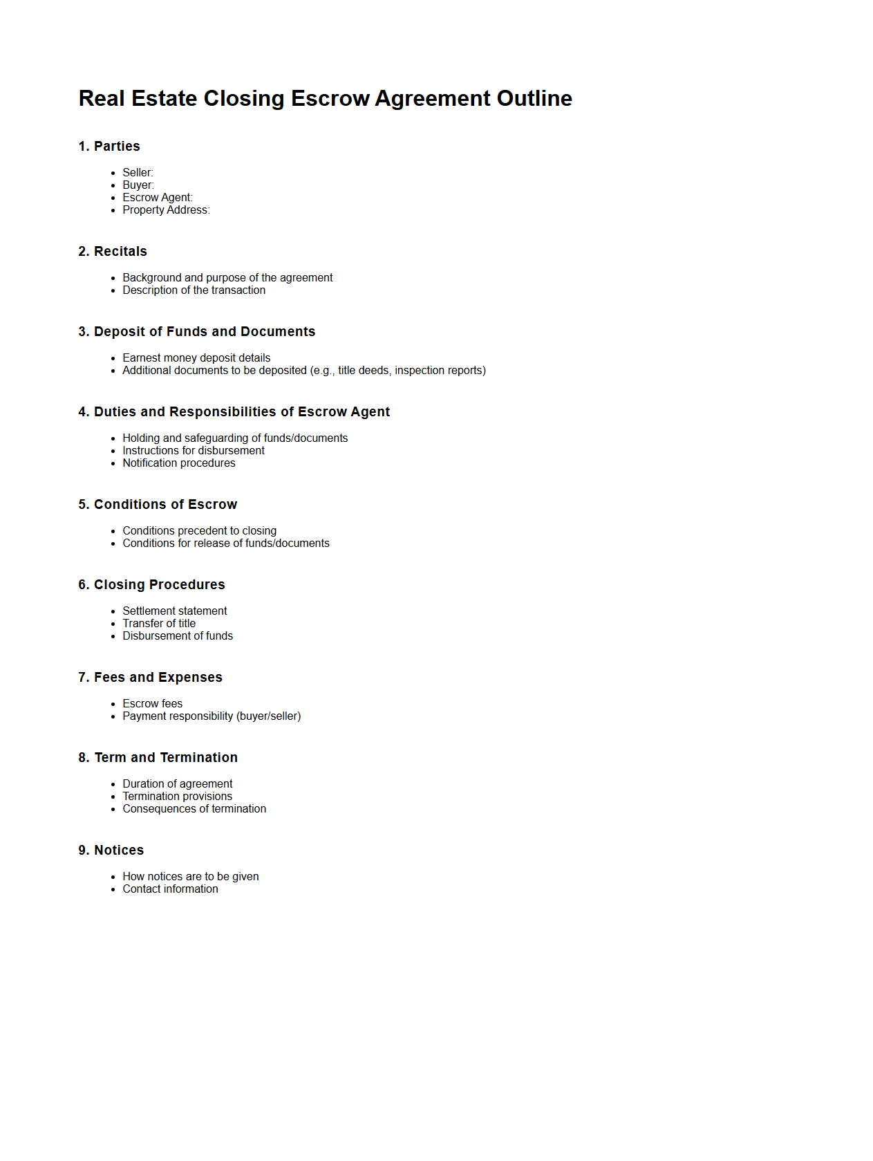 Real Estate Closing Escrow Agreement Outline
