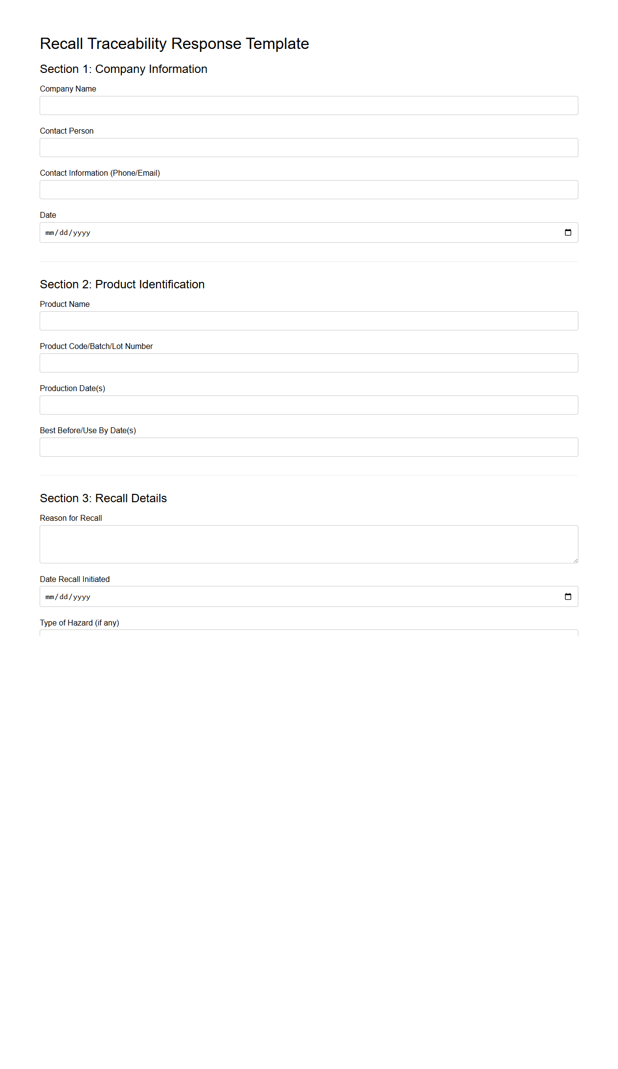 Recall Traceability Response Template for Food Manufacturers