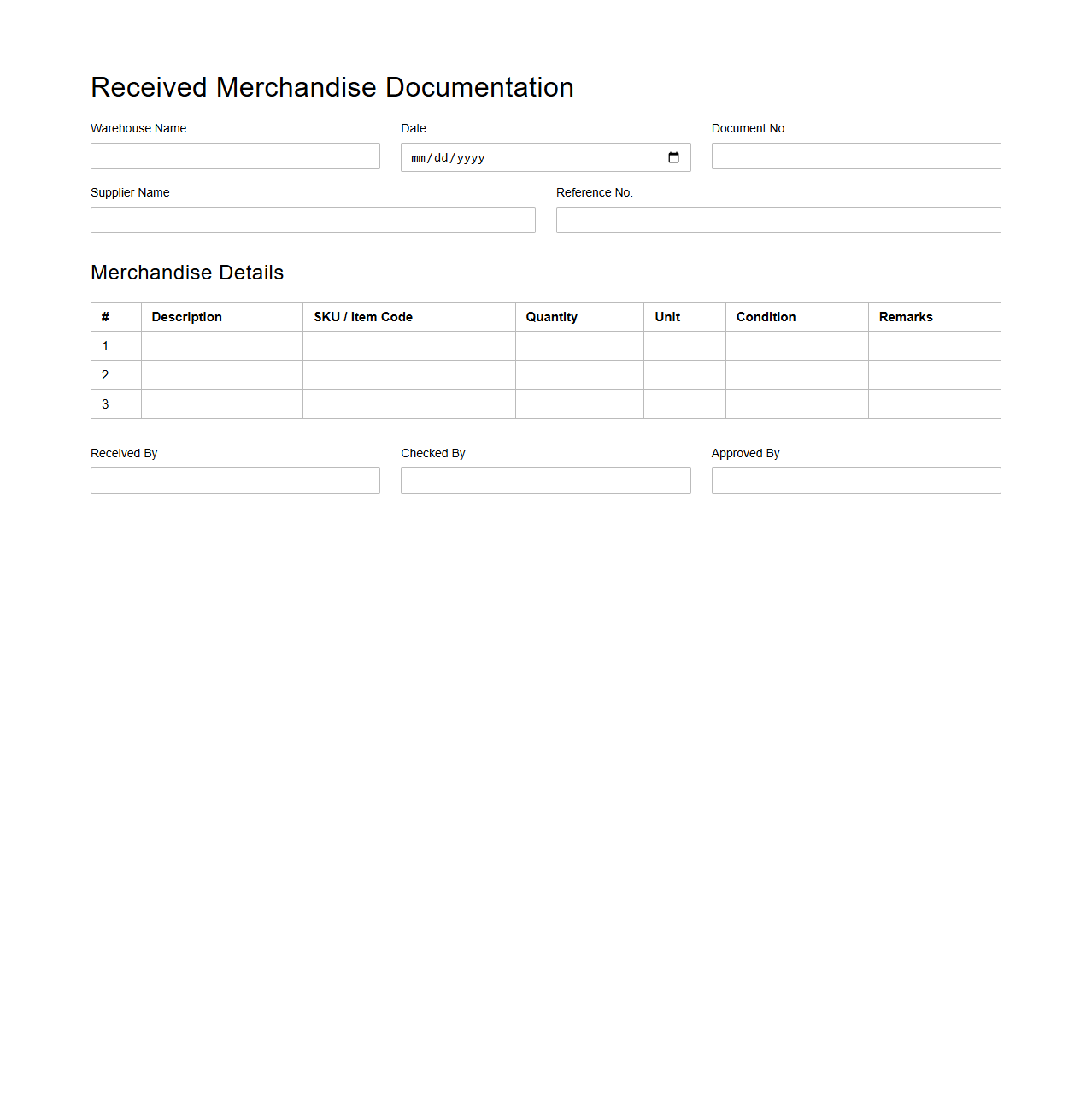 Received Merchandise Documentation for Retail Warehouse