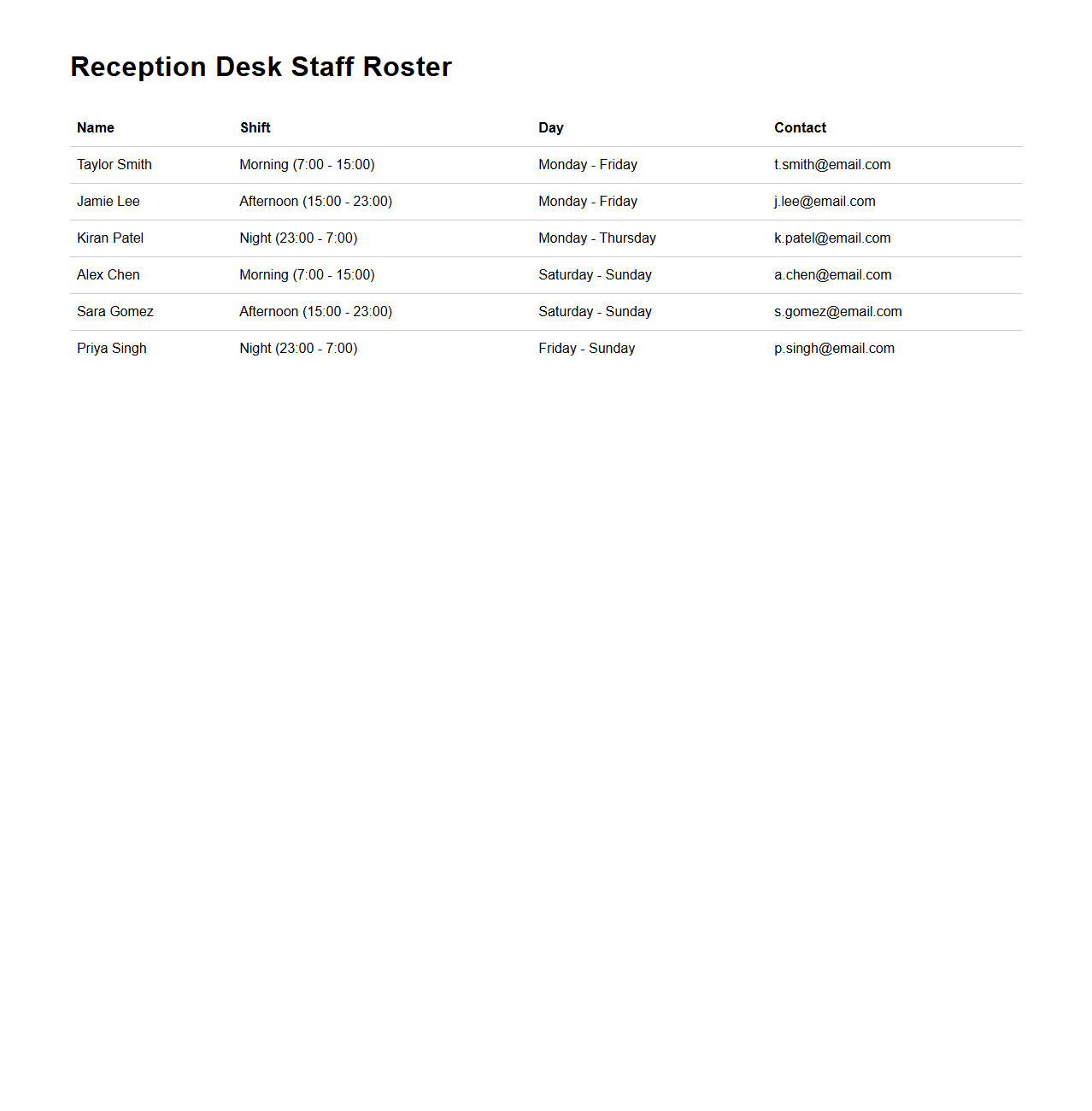 Reception Desk Staff Roster Example