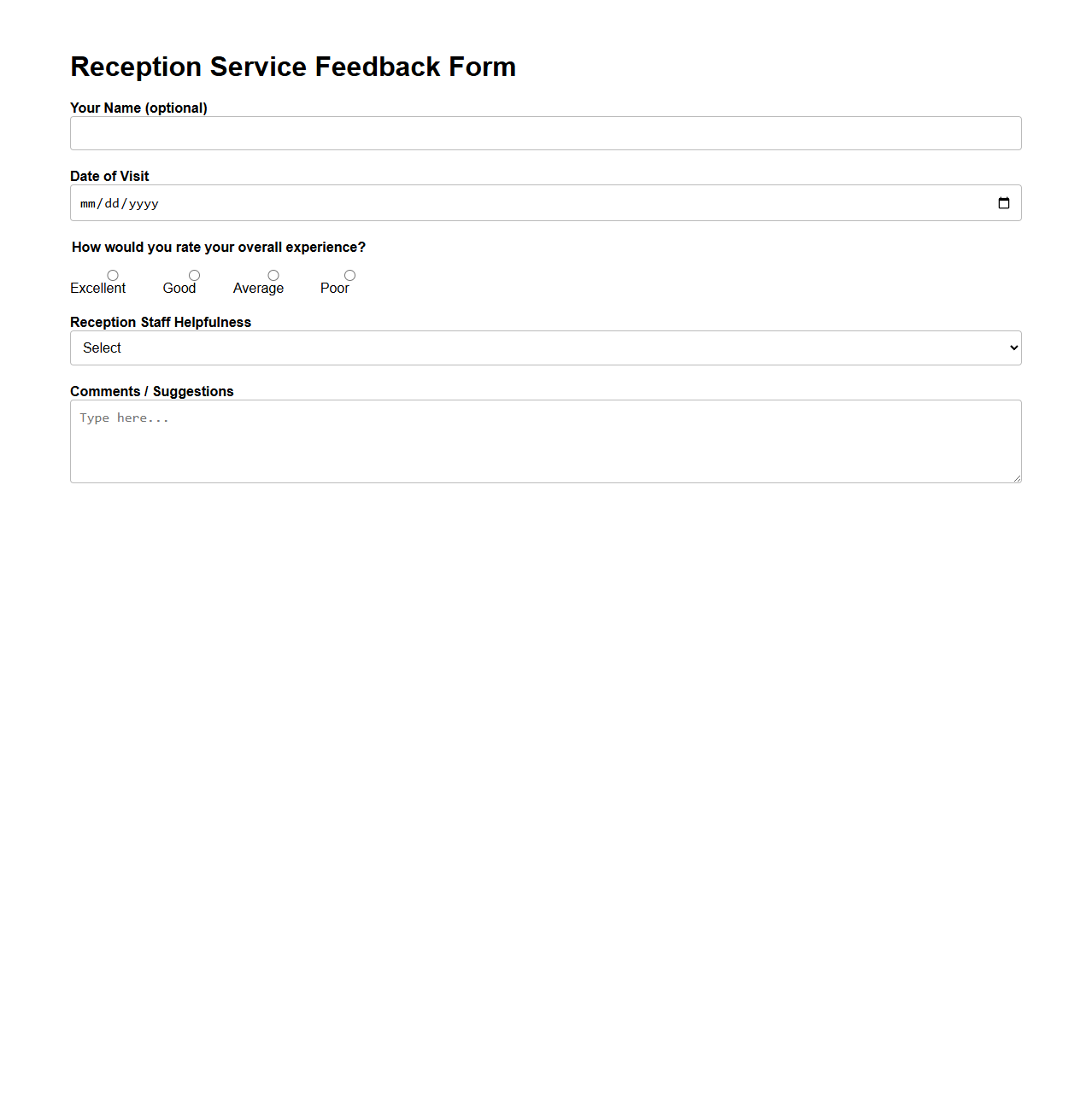 Reception Service Feedback Form