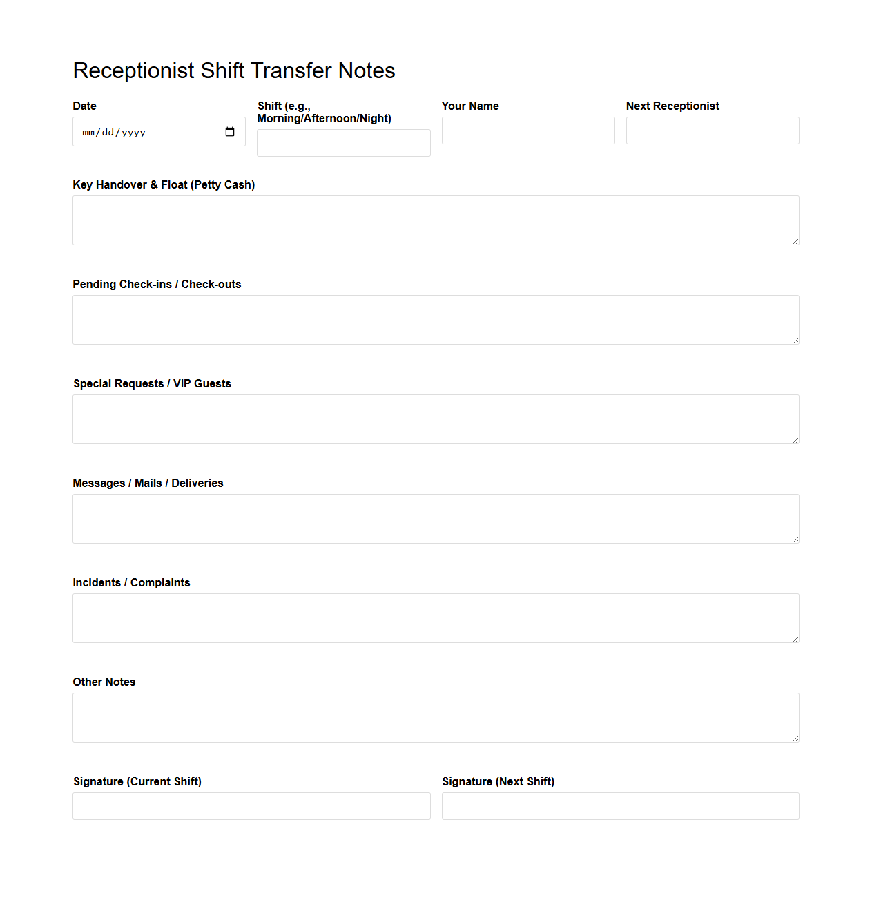 Receptionist Shift Transfer Notes Format