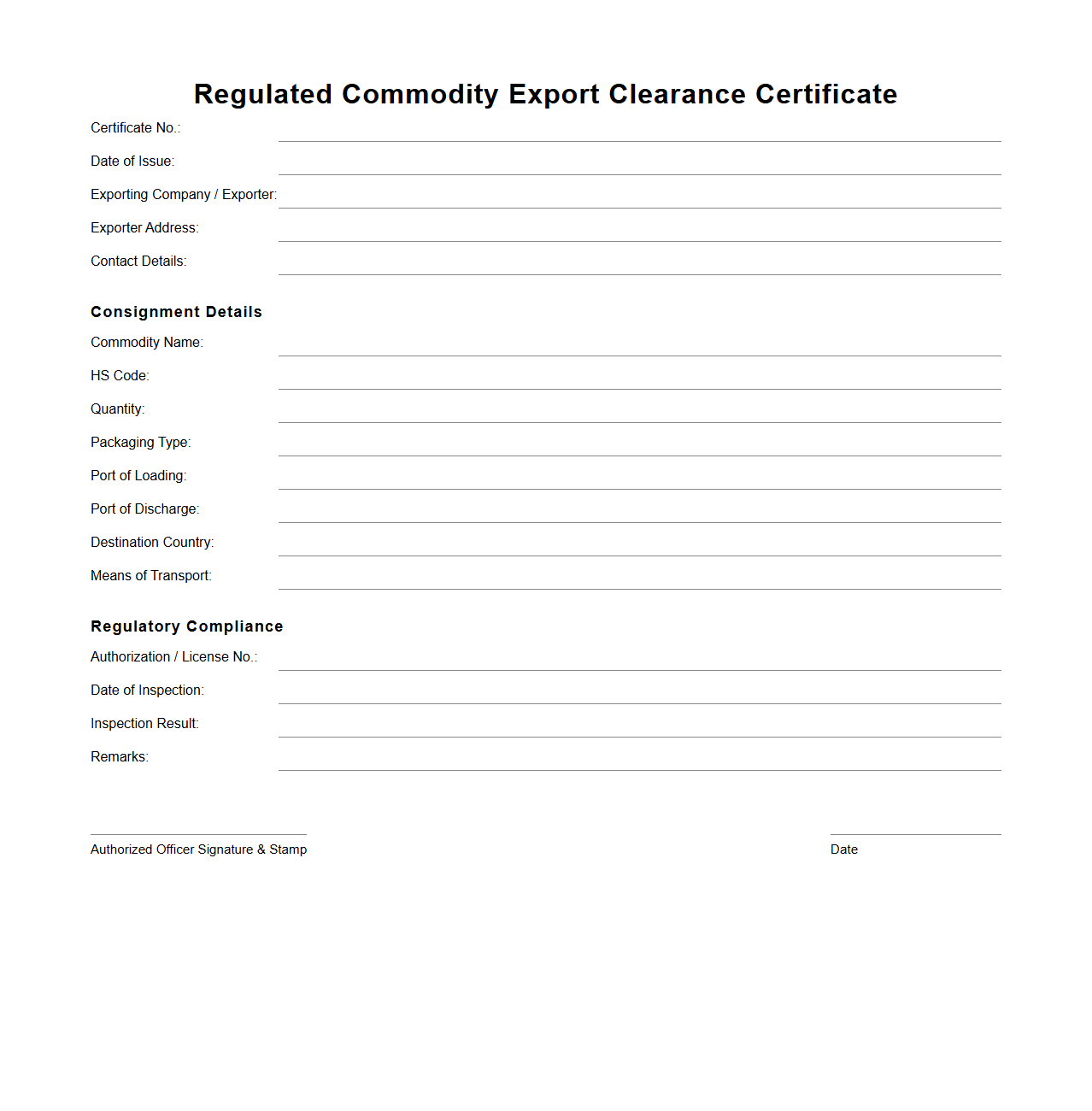 Regulated Commodity Export Clearance Certificate Format