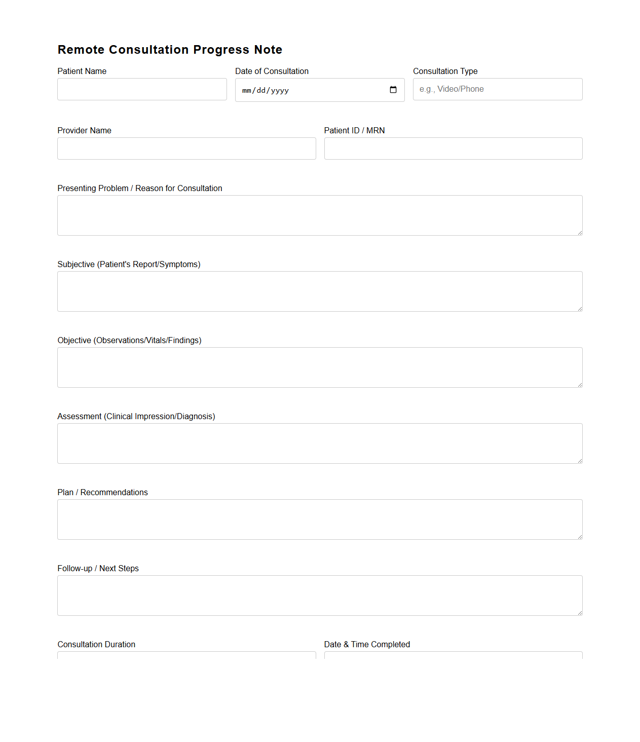 Remote Consultation Progress Note Template