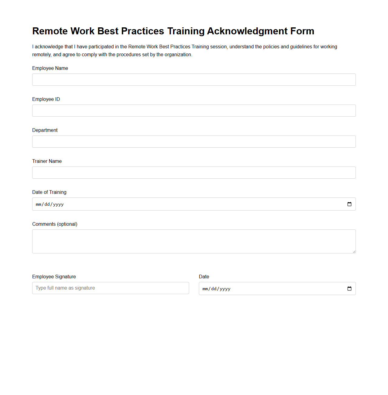 Remote Work Best Practices Training Acknowledgment Form