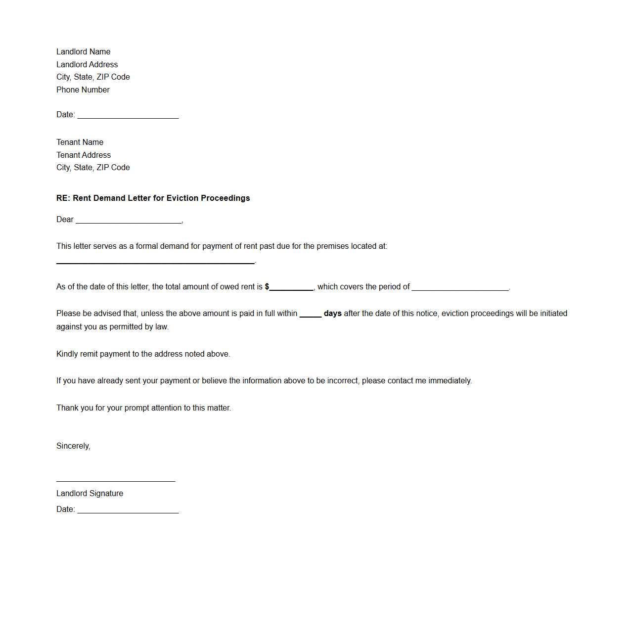 Rent Demand Letter for Eviction Proceedings