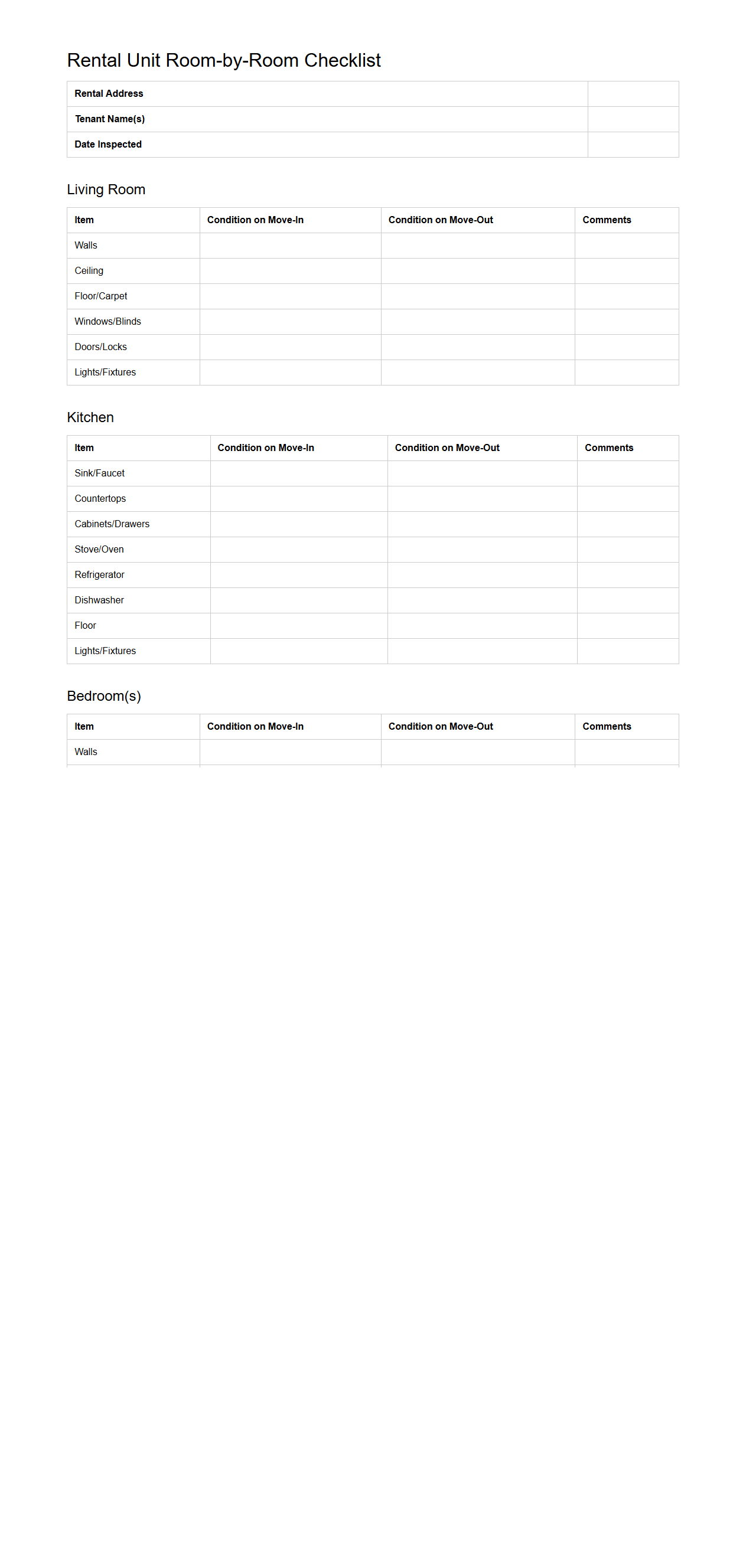Rental Unit Room-by-Room Checklist Example