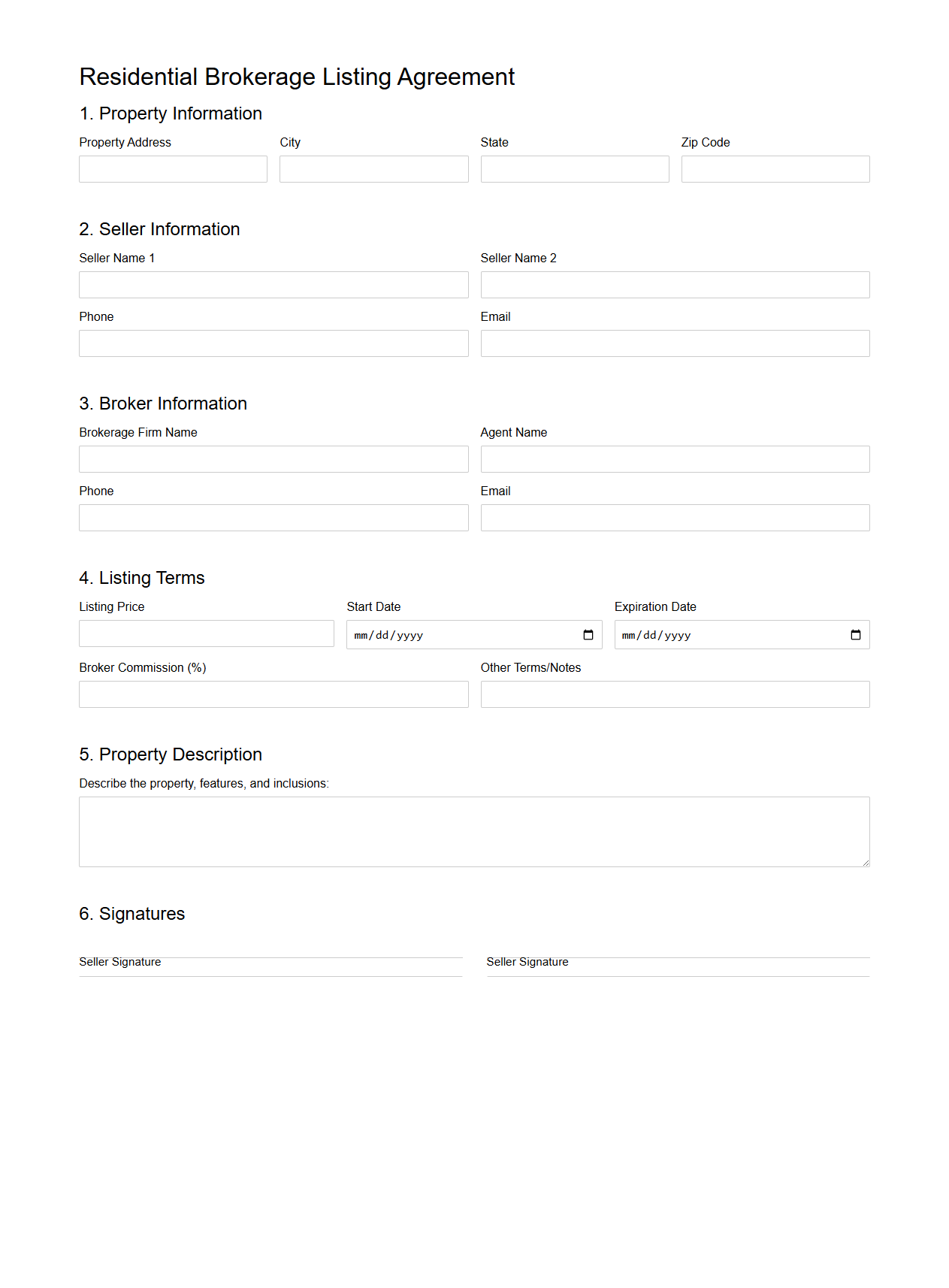 Residential Brokerage Listing Agreement Form