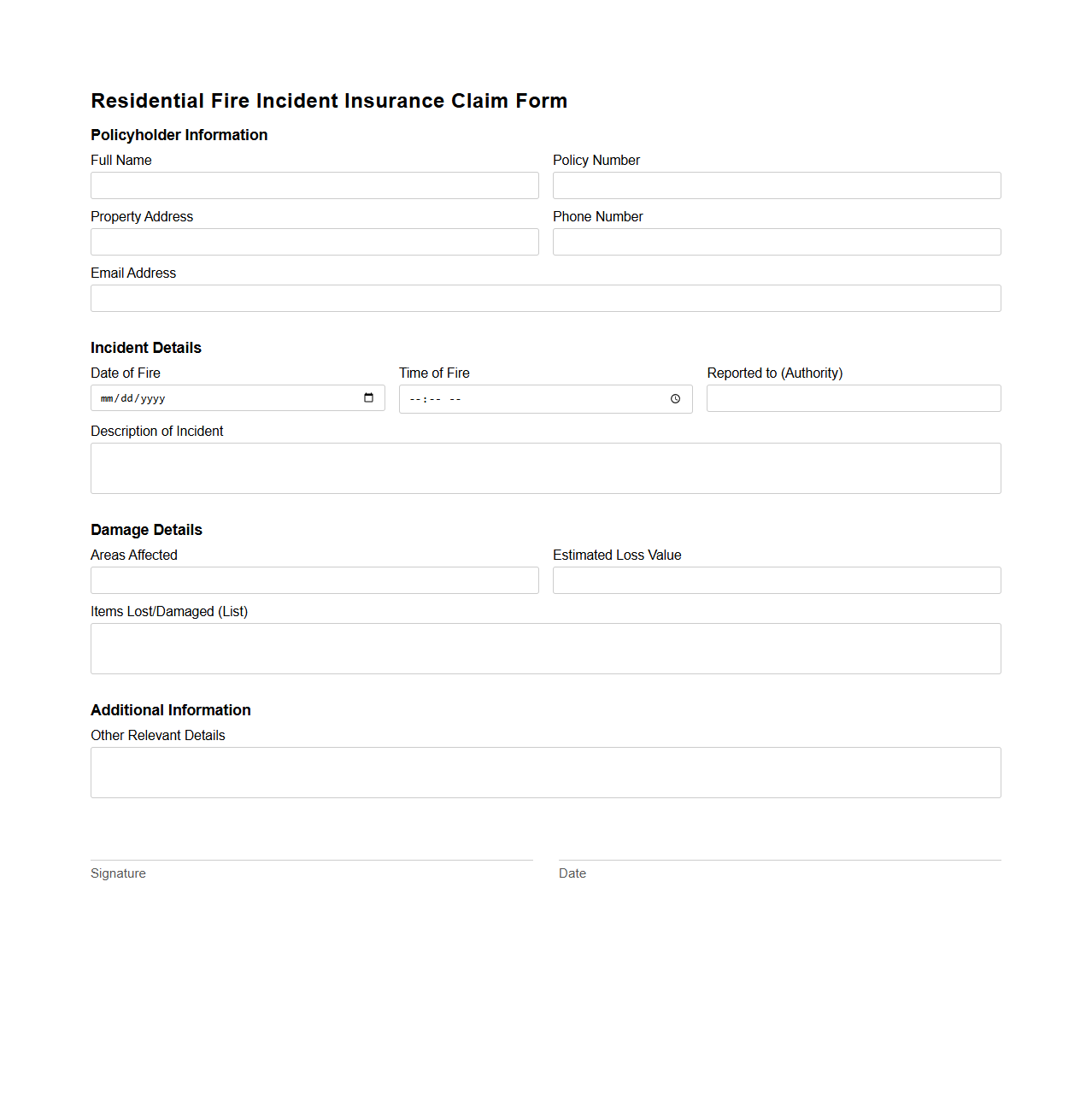 Residential Fire Incident Insurance Claim Form