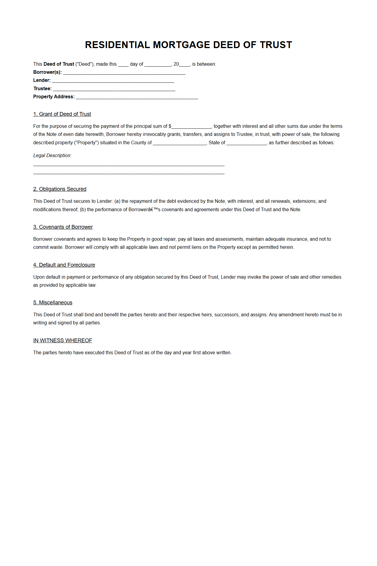 Residential Mortgage Deed of Trust Specimen