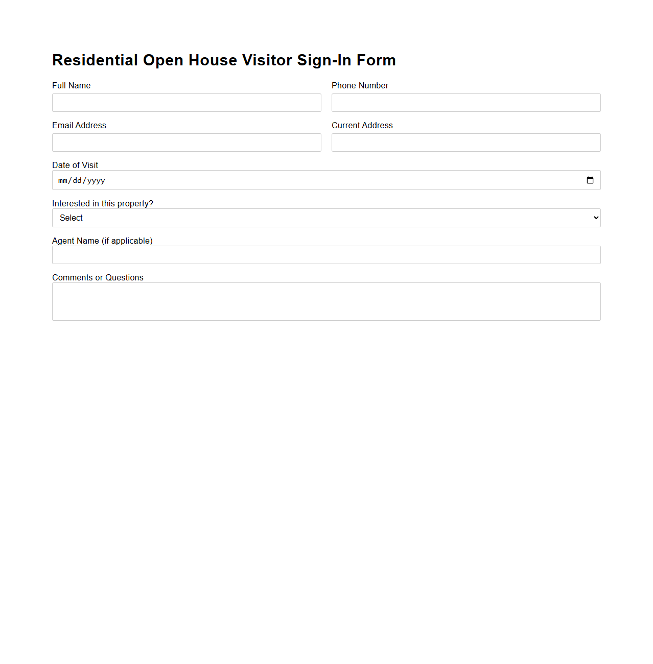 Residential Open House Visitor Sign-In Form