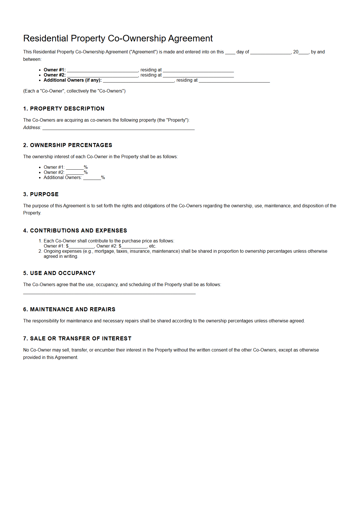 Residential Property Co-Ownership Agreement Template