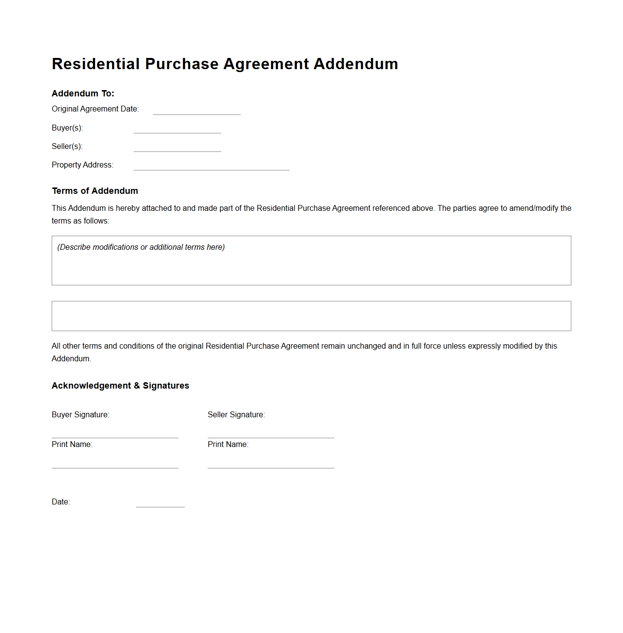 Residential Purchase Agreement Addendum Template
